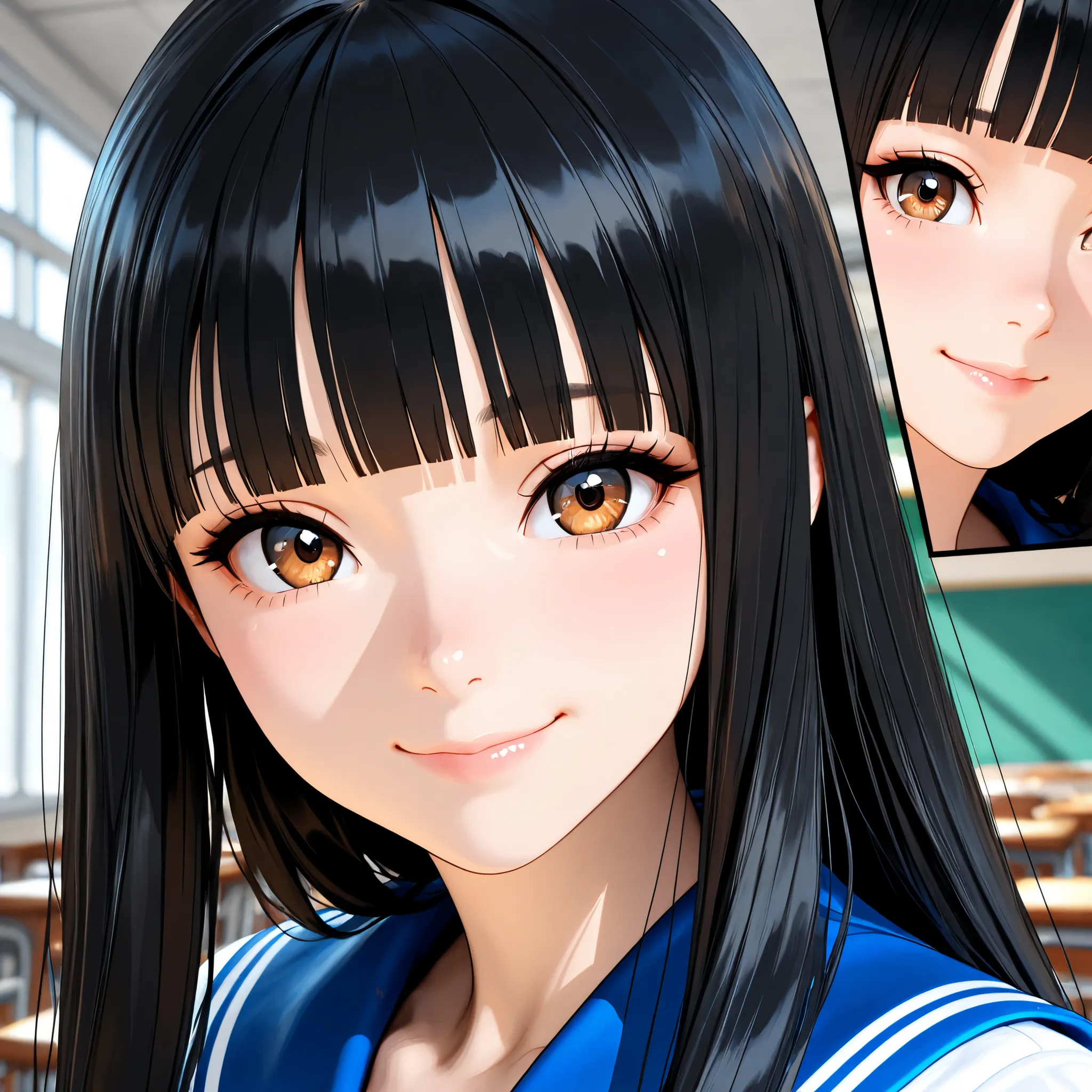 masterpiece, Hi-Res, very high resolution, 8k, super detailed, top quality, anime style, [3d], Japanese Women, 1 high school girl, beautiful character design, tall from the school building, Clean face, (black hair, very long hair, straight hair, blunt bang...