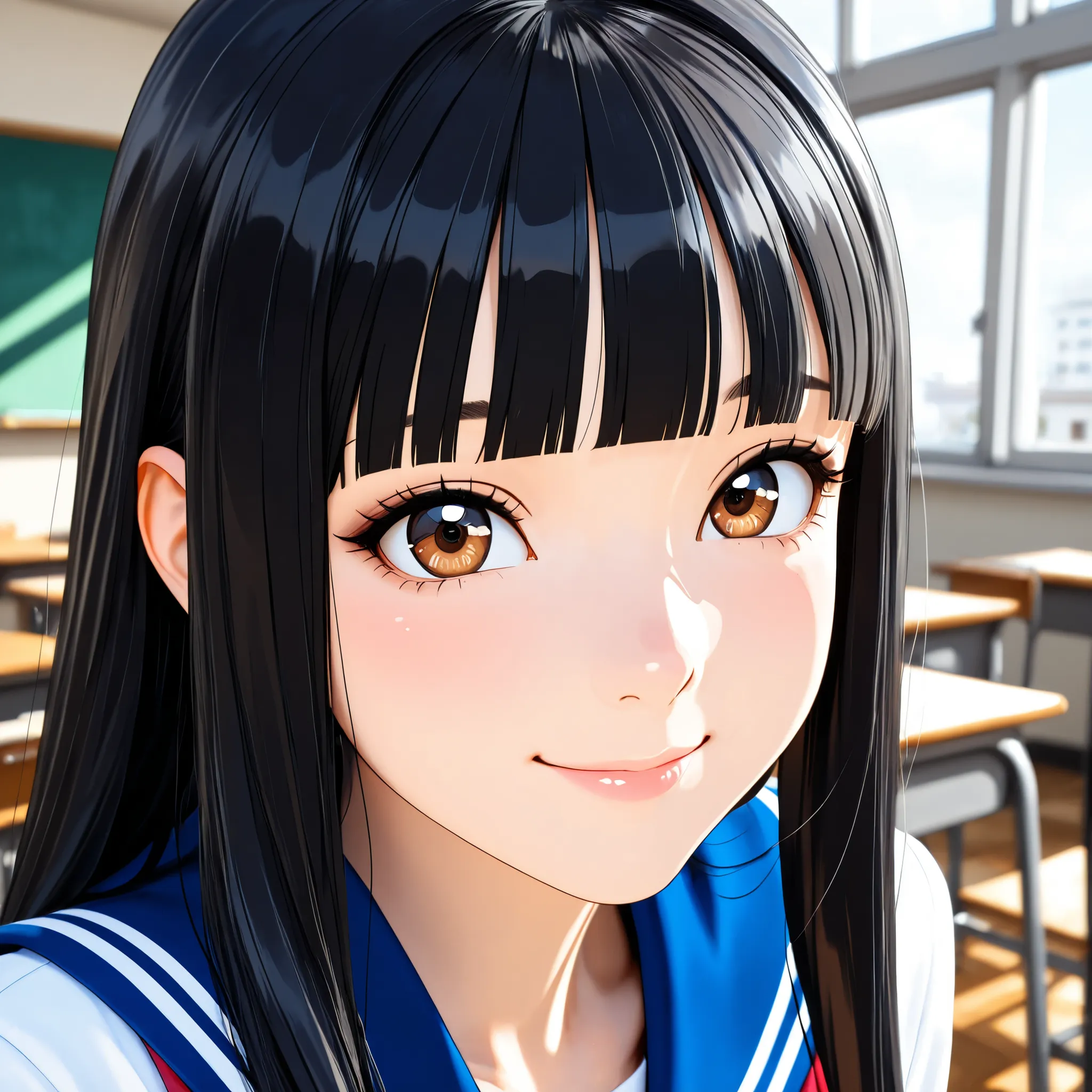 masterpiece, Hi-Res, very high resolution, 8k, super detailed, top quality, anime style, [3d], Japanese Women, 1 high school girl, beautiful character design, tall from the school building, Clean face, (black hair, very long hair, straight hair, blunt bang...