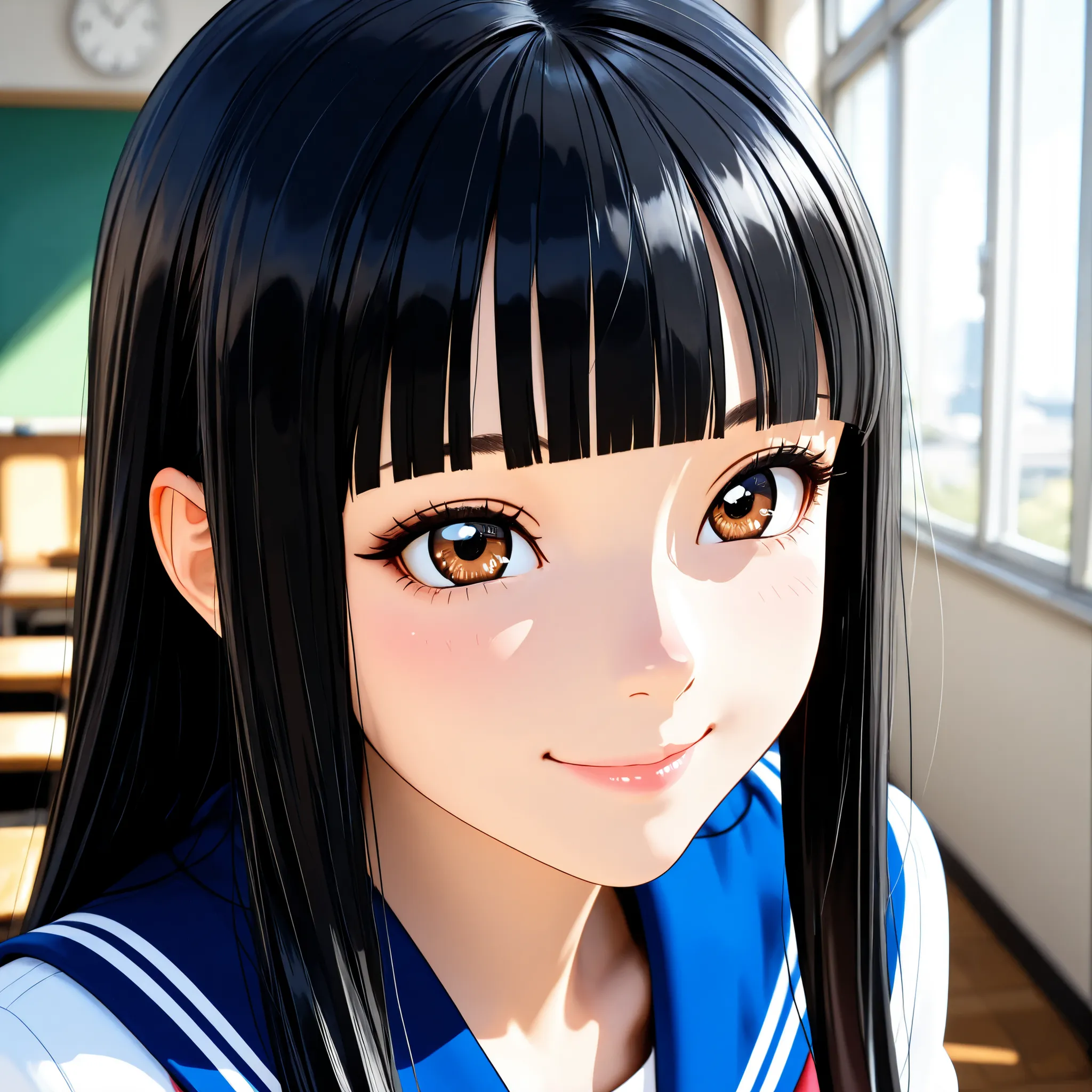 masterpiece, Hi-Res, very high resolution, 8k, super detailed, top quality, anime style, [3d], Japanese Women, 1 high school girl, beautiful character design, tall from the school building, Clean face, (black hair, very long hair, straight hair, blunt bang...