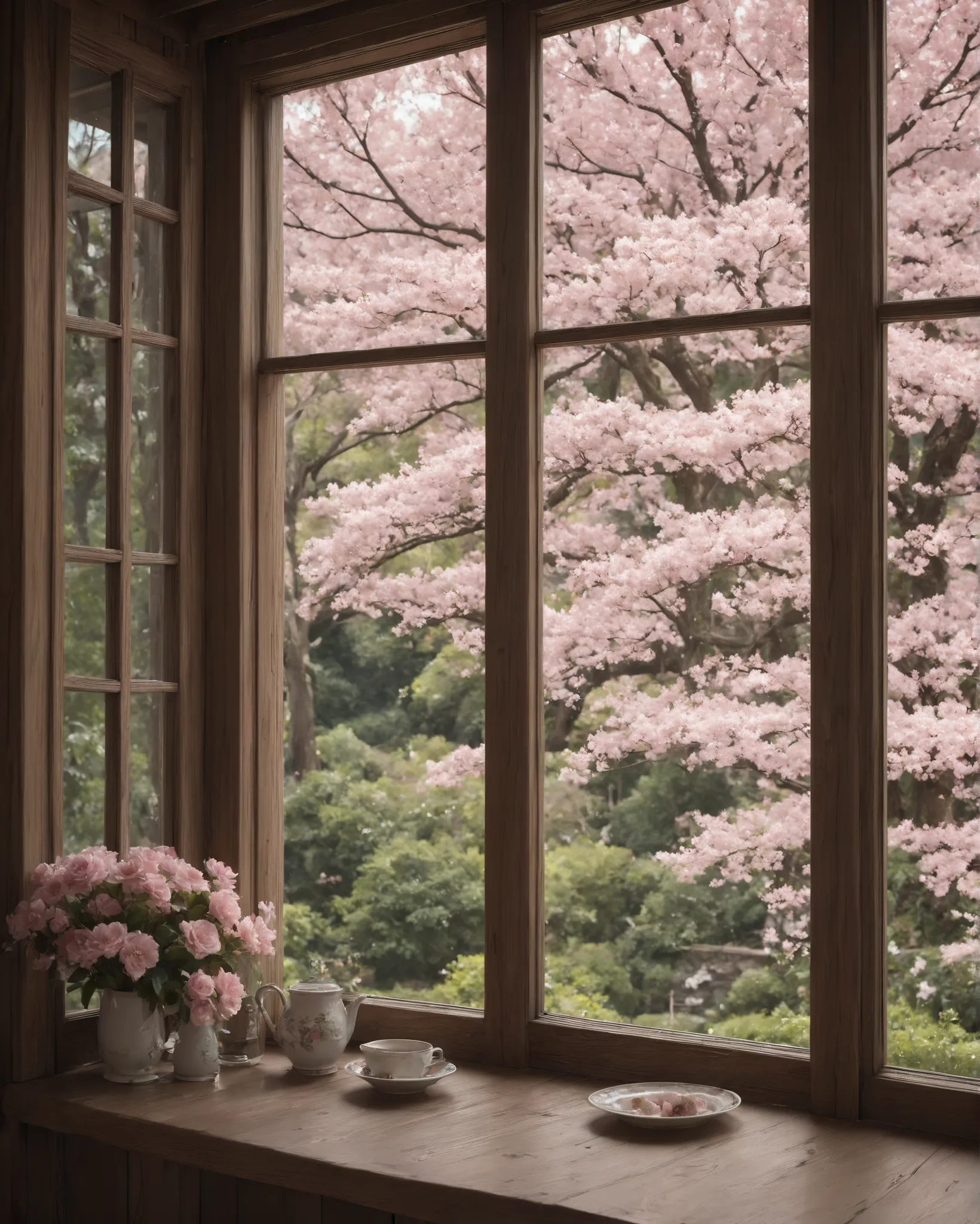 Highest quality, ultra-high resolution is shown, detailed, exquisite Japanese bansai with moss at the base on a wide wooden windowsill, outside the window is a giant sakura in full bloom, pink petals swirl in the air, soft evening light