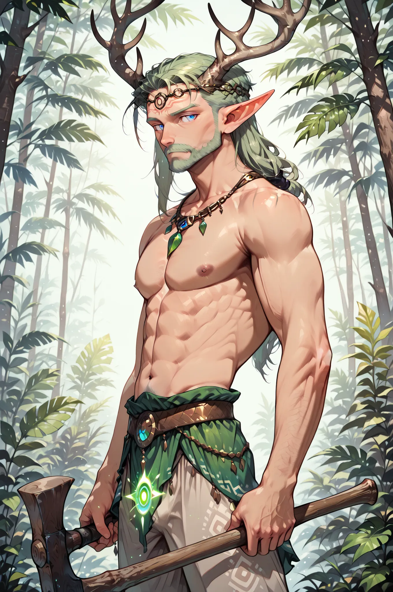 (masterpiece, best quality:1.2), highly detailed, solo, 1 man, mature man, a male elf, green hair, athletic slander body, great deer horns on forehead, shamanic clothes, armed with a wooden axe, magic circles shining around him, a tropical forest on backgr...