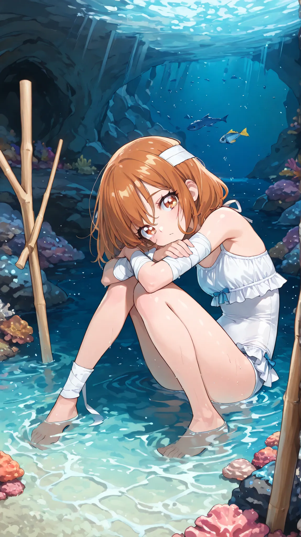 cute,748cmstyle,In the water,grotto,In the water cave,sandy seabed,seabed,Reef,(masterpiece:1.2, top quality next to viewers), (A beautiful eye for detail: 1.2), ((1 Beautiful Girl)),  (beautiful background:1.2), (Highly Detailed CG, Super Detailed),(very ...