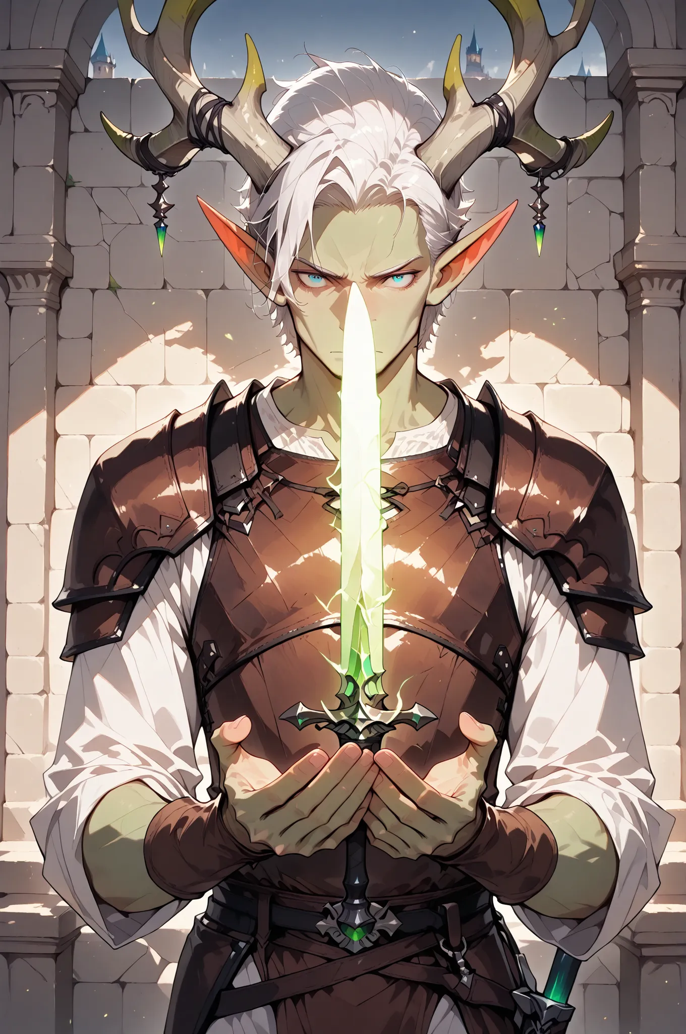 (masterpiece, best quality:1.2), highly detailed, fantasy theme, solo, 1 man, mature man, a male elf, green skin, white hair, slander body,large deer horns, wearing a leather armor, a magic sword shining on  his hands, a castle walls on background, fan art...
