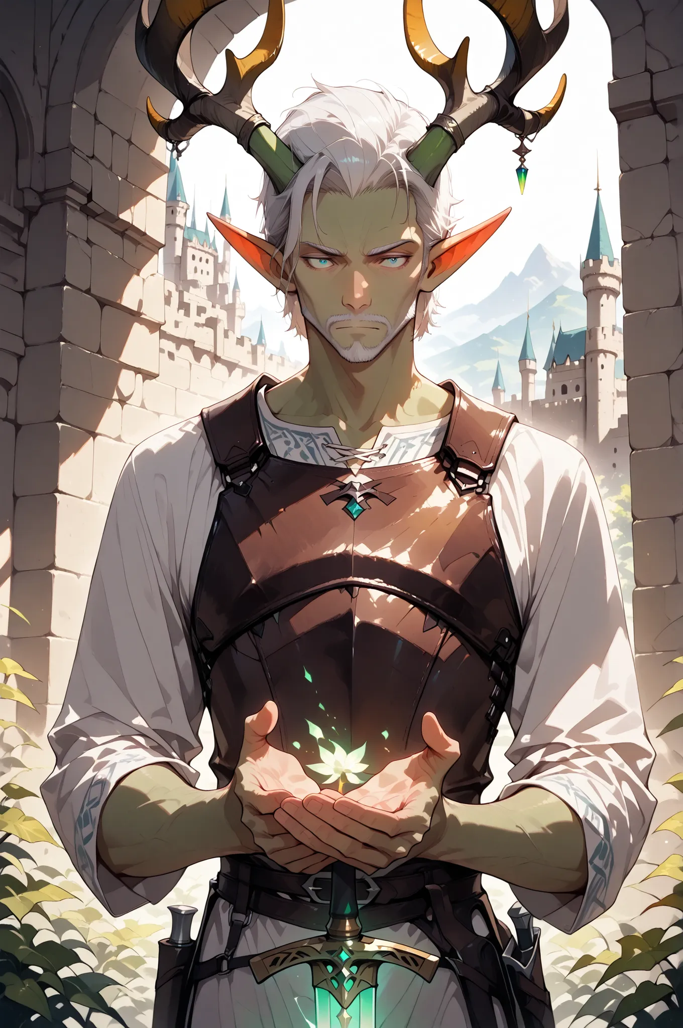 (masterpiece, best quality:1.2), highly detailed, fantasy theme, solo, 1 man, mature man, a male elf, green skin, white hair, slander body,large deer horns, wearing a leather armor, a magic sword shining on  his hands, a castle walls on background, fan art...