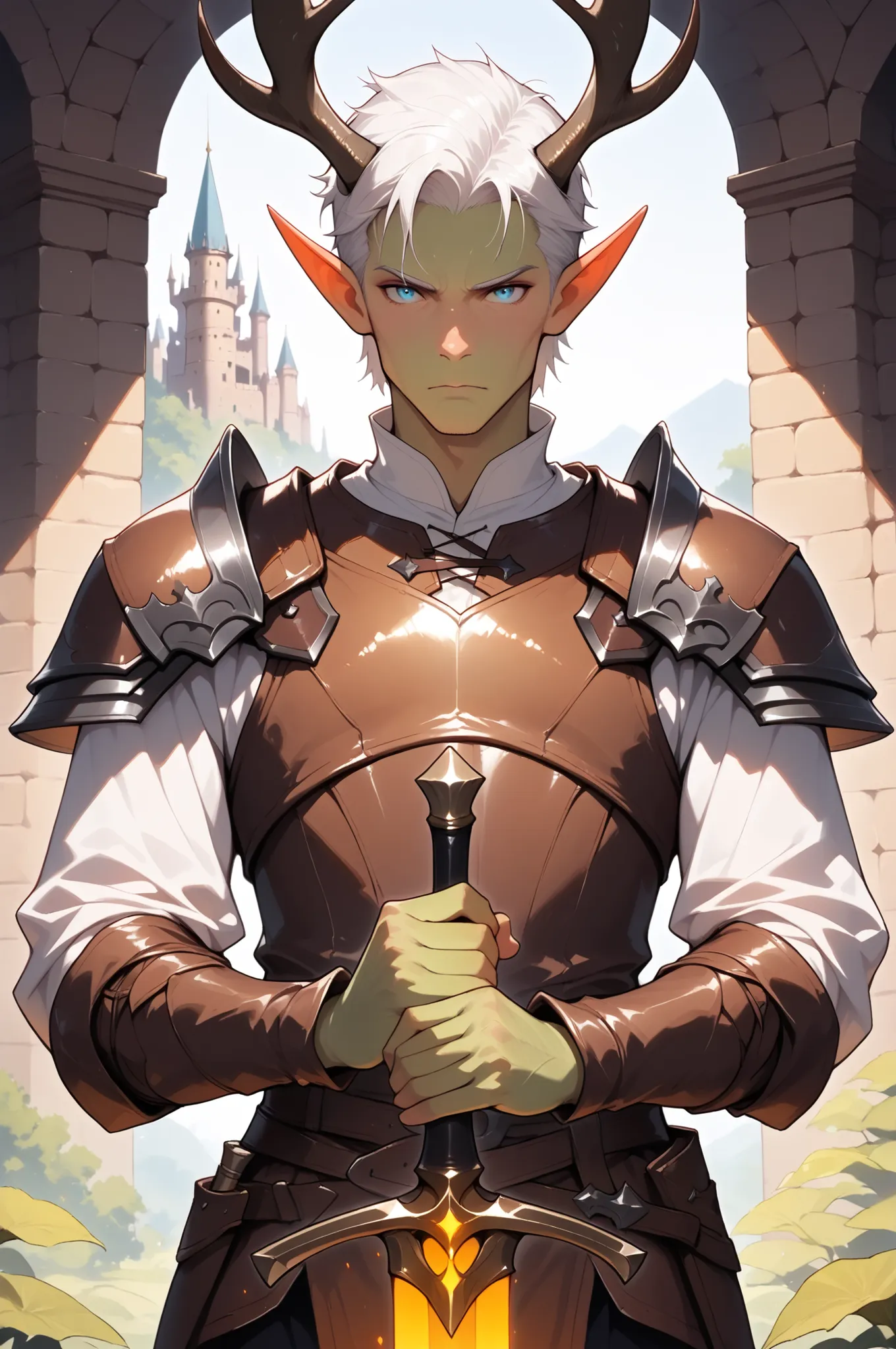 (masterpiece, best quality:1.2), highly detailed, fantasy theme, solo, 1 man, mature man, a male elf, green skin, white hair, slander body,large deer horns, wearing a leather armor, a magic sword shining on  his hands, a castle walls on background, fan art...
