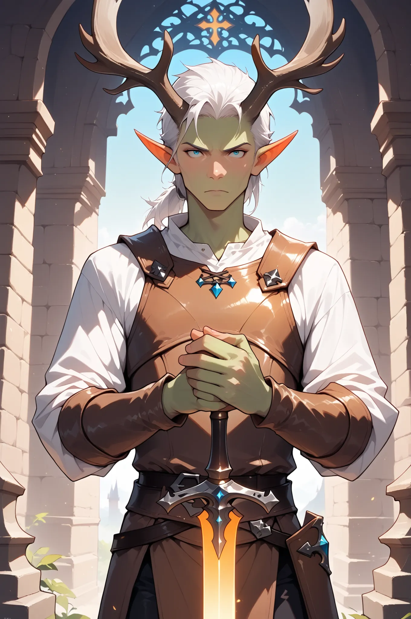 (masterpiece, best quality:1.2), highly detailed, fantasy theme, solo, 1 man, mature man, a male elf, green skin, white hair, slander body,large deer horns, wearing a leather armor, a magic sword shining on  his hands, a castle walls on background, fan art...