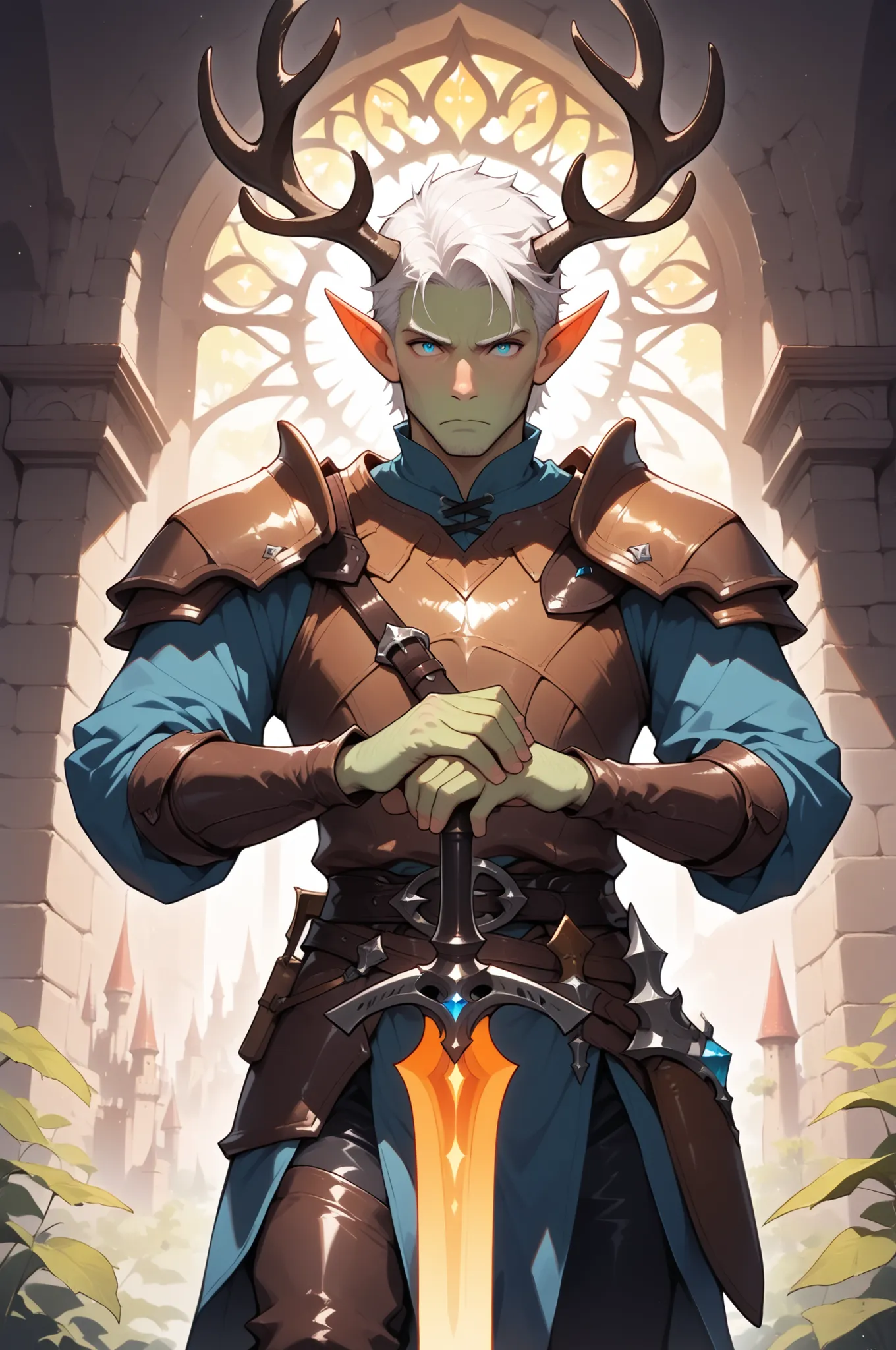 (masterpiece, best quality:1.2), highly detailed, fantasy theme, solo, 1 man, mature man, a male elf, green skin, white hair, slander body,large deer horns, wearing a leather armor, a magic sword shining on  his hands, a castle walls on background, fan art...