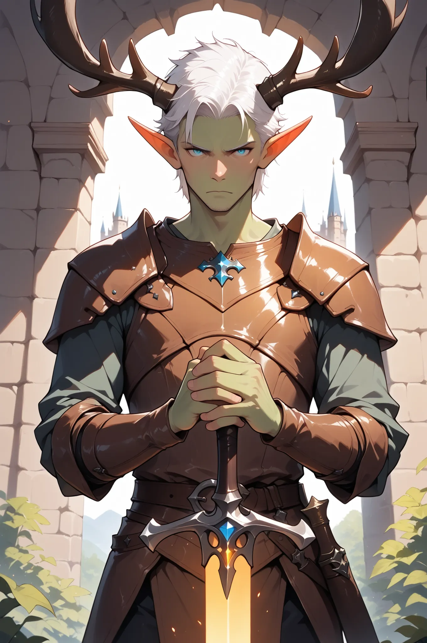 (masterpiece, best quality:1.2), highly detailed, fantasy theme, solo, 1 man, mature man, a male elf, green skin, white hair, slander body,large deer horns, wearing a leather armor, a magic sword shining on  his hands, a castle walls on background, fan art...
