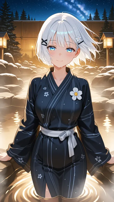 BREAK (masterpiece:1.2), best quality, high resolution, unity 8k wallpaper, (illustration:0.8), (beautiful detailed eyes:1.6),Traditional outdoor Japanese onsen at night, surrounded by natural rocks and pine trees, warm steam gently rising from the water,T...