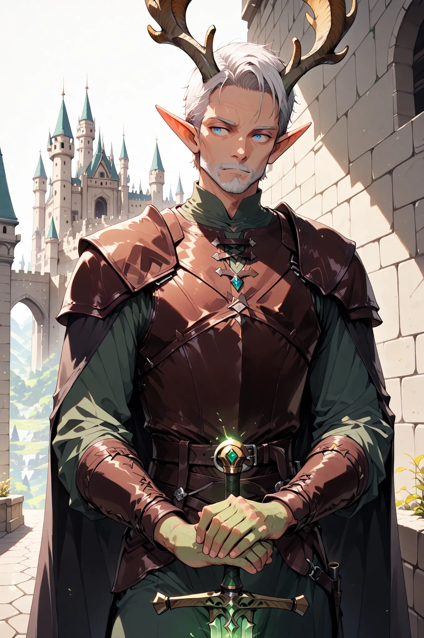 (masterpiece, best quality:1.2), highly detailed, fantasy theme, solo, 1 man, mature man, a male elf, green skin, white hair, slander body,large deer horns, wearing a leather armor, holding a magic sword , a castle walls on background, fan art, 