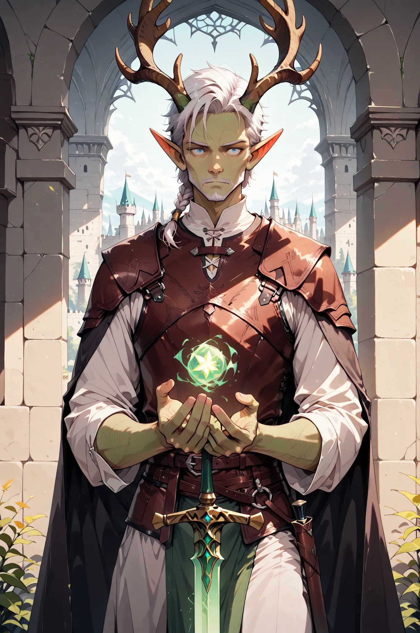 (masterpiece, best quality:1.2), highly detailed, fantasy theme, solo, 1 man, mature man, a male elf, green skin, white hair, slander body,large deer horns, wearing a leather armor, holding a magic sword , a castle walls on background, fan art, 