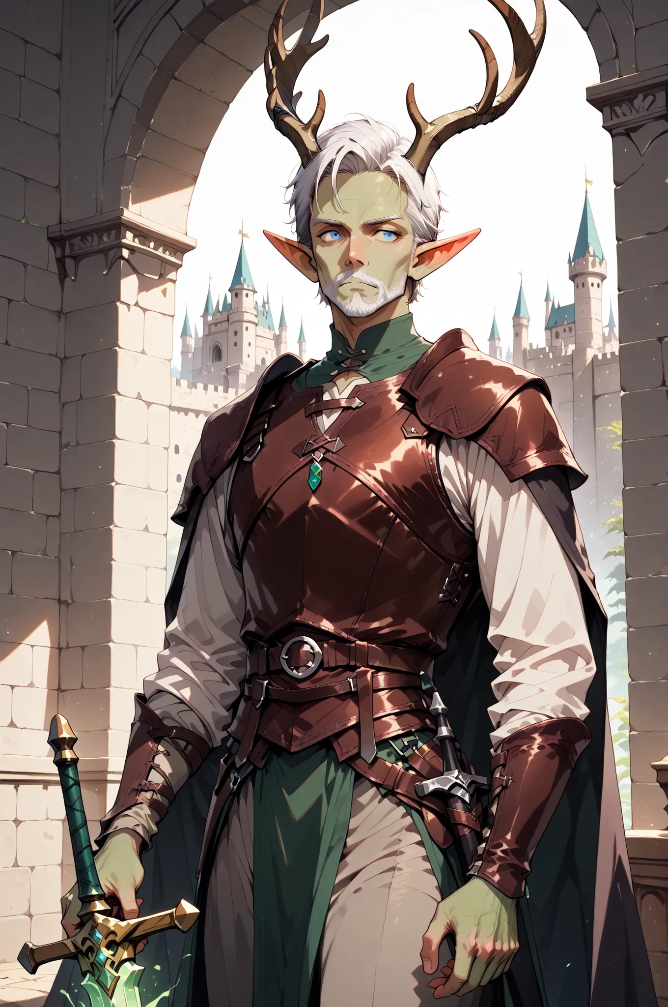 (masterpiece, best quality:1.2), highly detailed, fantasy theme, solo, 1 man, mature man, a male elf, green skin, white hair, slander body,large deer horns, wearing a leather armor, holding a magic sword , a castle walls on background, fan art, 