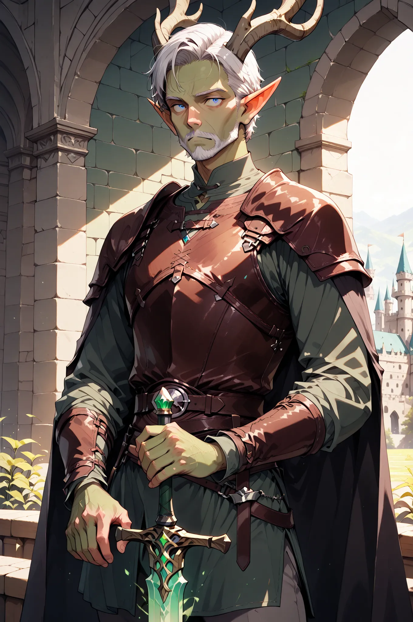 (masterpiece, best quality:1.2), highly detailed, fantasy theme, solo, 1 man, mature man, a male elf, green skin, white hair, slander body,large deer horns, wearing a leather armor, holding a magic sword , a castle walls on background, fan art, 