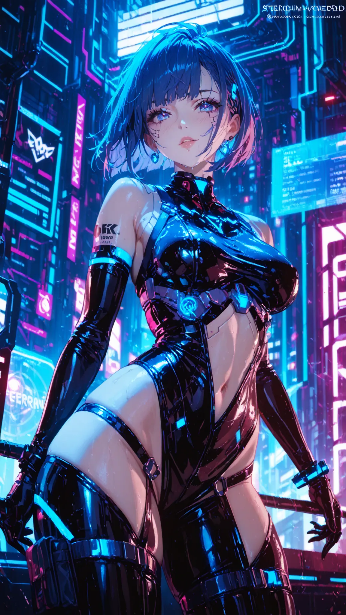 Cyberpunk female hacker heroine in a futuristic sci-fi setting. She has short bob-cut hair with purple and neon-blue highlights, sharp eyes with a calm, focused expression. One eye is a glowing cybernetic implant displaying a digital HUD. She wears a sleek...