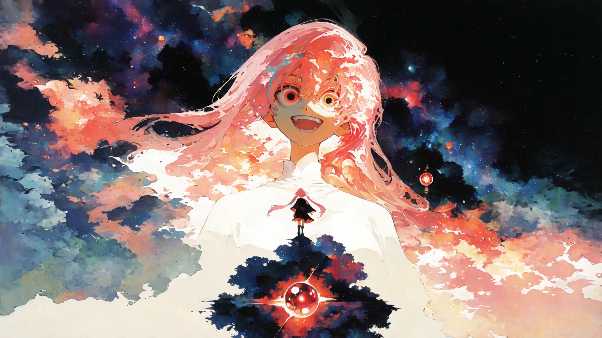 masterpiece, newest,absurdres,incredibly absurdres, best quality, amazing quality, very aesthetic, 
1girl, happy, pink hair, raising heart, nebula, surreal,
  k4_illu, abstract, traditional media, scan, blending, painting \(medium\), oil painting \(medium\...