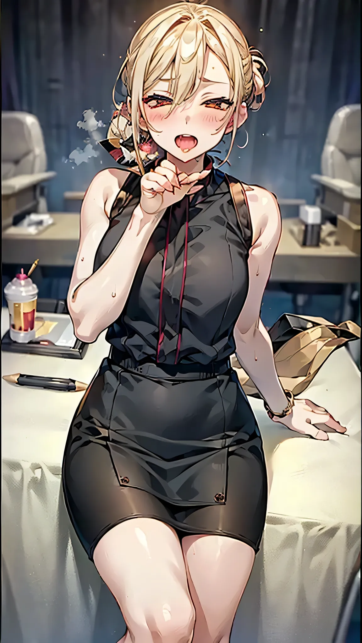 UHD, retina, masterpiece, accurate, textured skin, textured skin, oilty skin,high details, high quality, award winning, best quality, highres, HD, 4K, 8k, best quality, Sweat,Steam,Open Mouth,Stick Out Tongue,Drool,sleeveless,chignon,(((tight pencil skirt)...