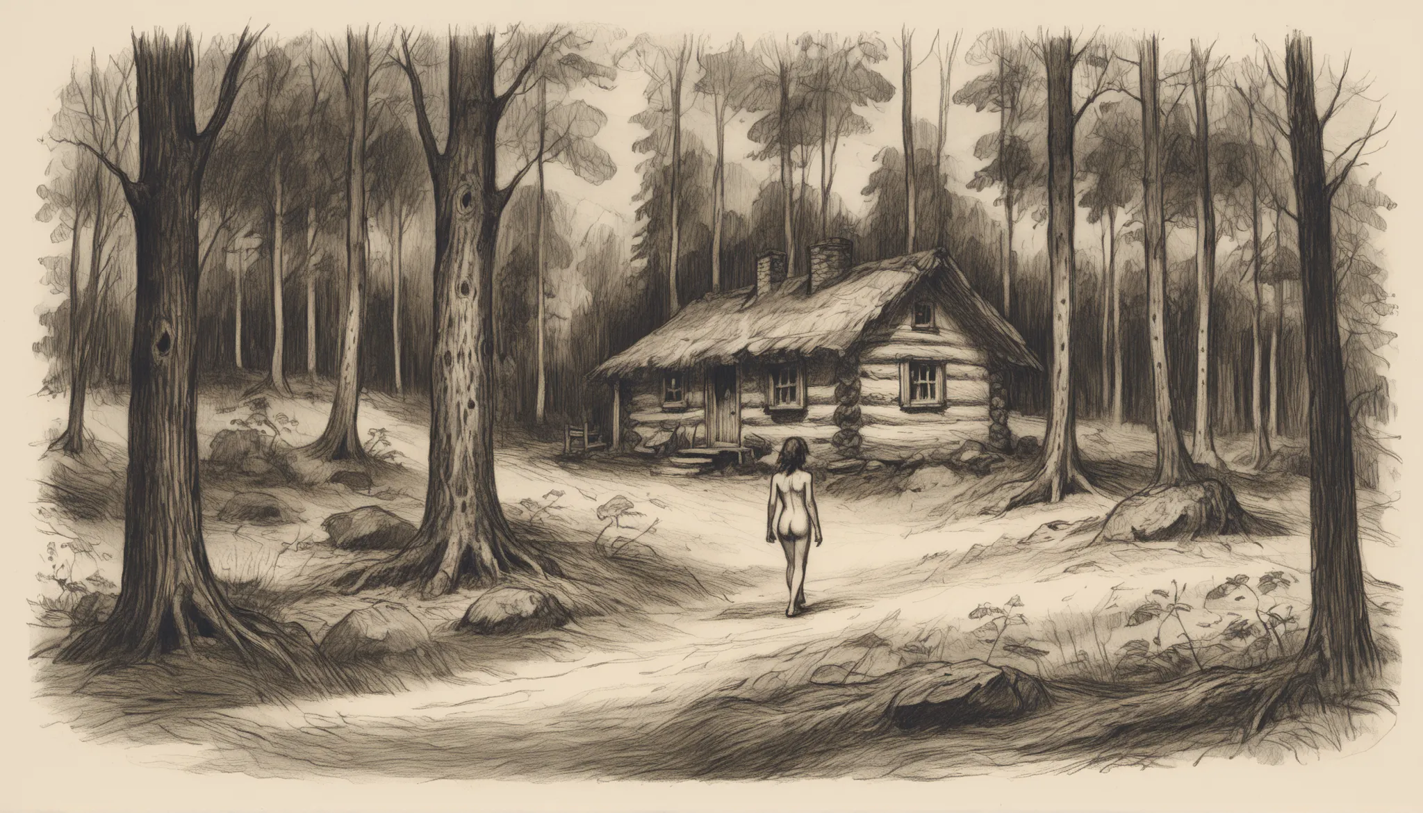 score_9, score_8_up, score_7_up, score_6_up, score_5_up, score_4_up, gr4ph1t3, simple drawing, monochrome, naked woman in ((dark woods)), near a CABIN , ((FAR AND DISTANT)), Landscape drawing,