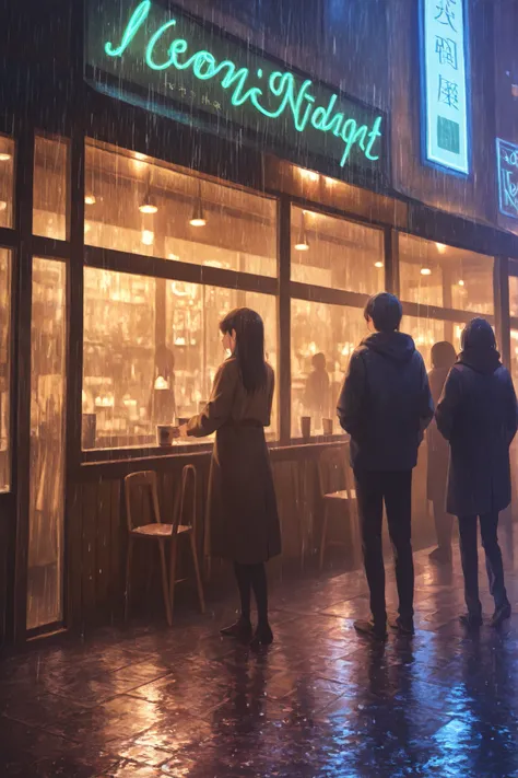 Two people meeting on a rainy night in a coffee shop,Soft light, rainy weather, falling water particles, neon signs