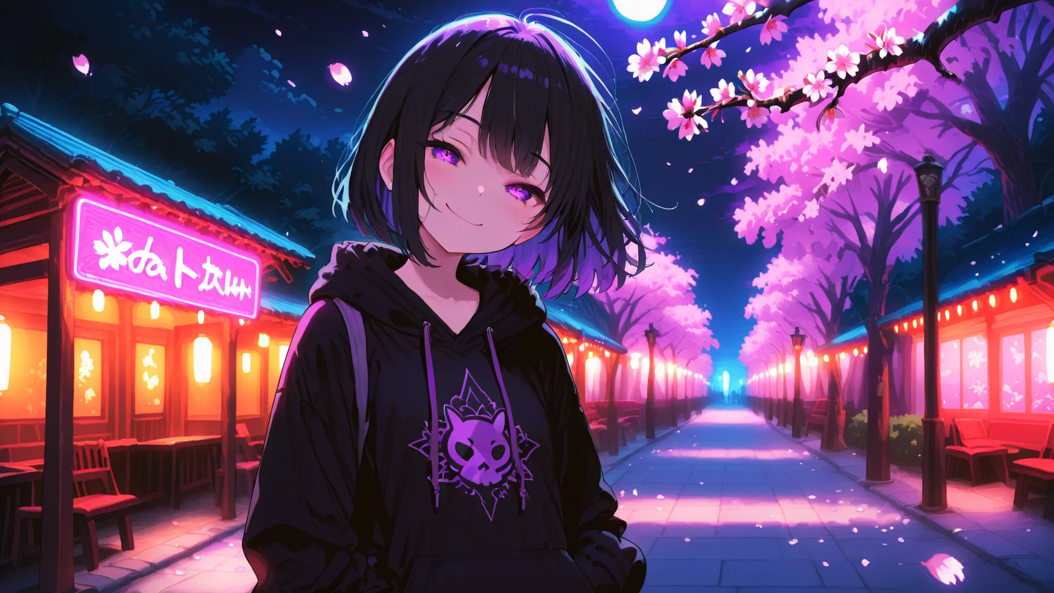 Anime girl with purple eyes and short black hair with purple locks, a cute cheerful expression, in a black hoodie , stands in front of a Japanese night park with cherry blossoms and neon lights, sweet look and smile, the wind slightly lifts her hair, subtl...