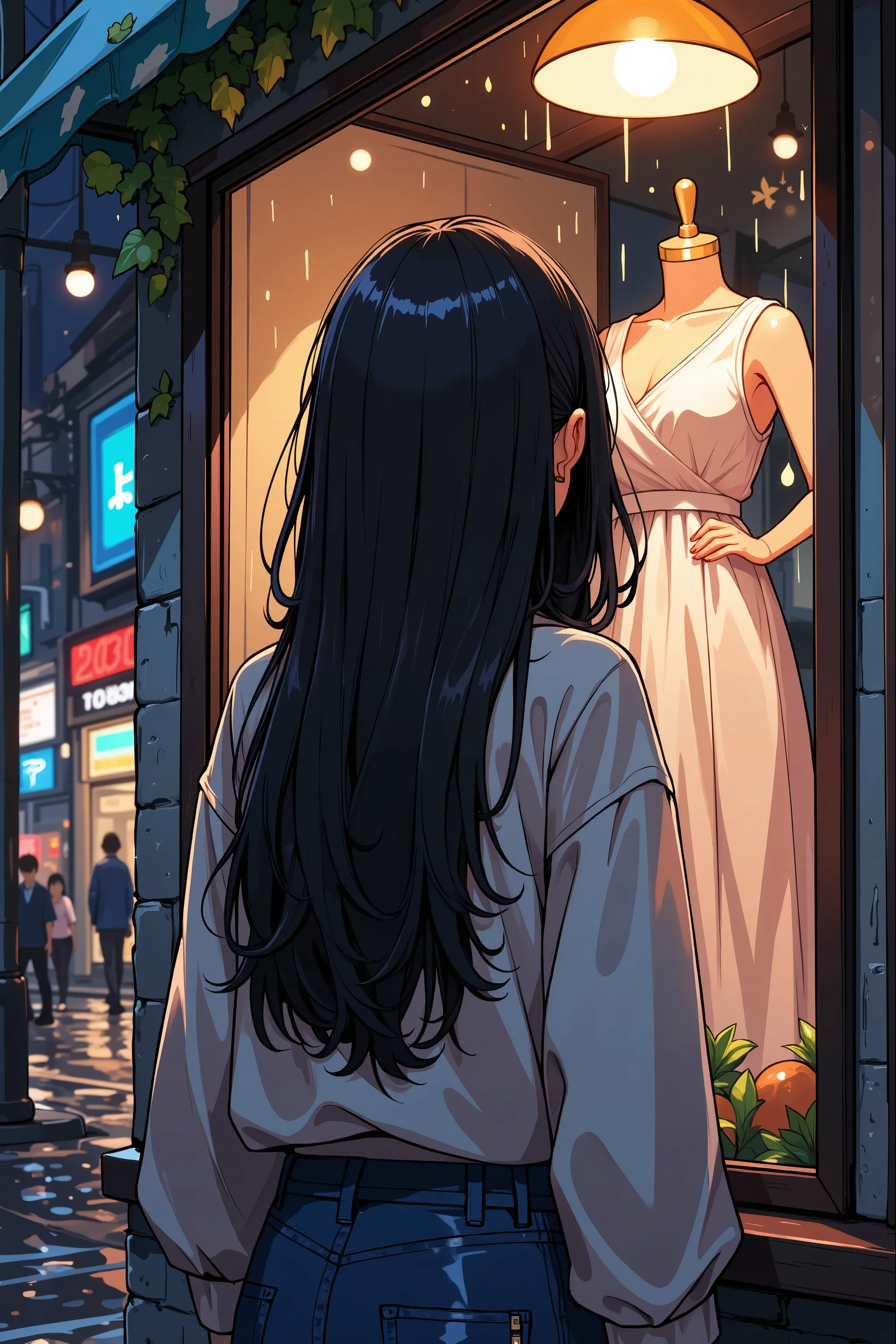 anime,ray,Back view of a woman reflected in a rain-soaked street corner window,Standing in front of a shop window decorated with a luxurious dress, woman with a melancholy expression ,Rain-soaked hair,Moist and damp clothes,Standing without an umbrella,Blu...