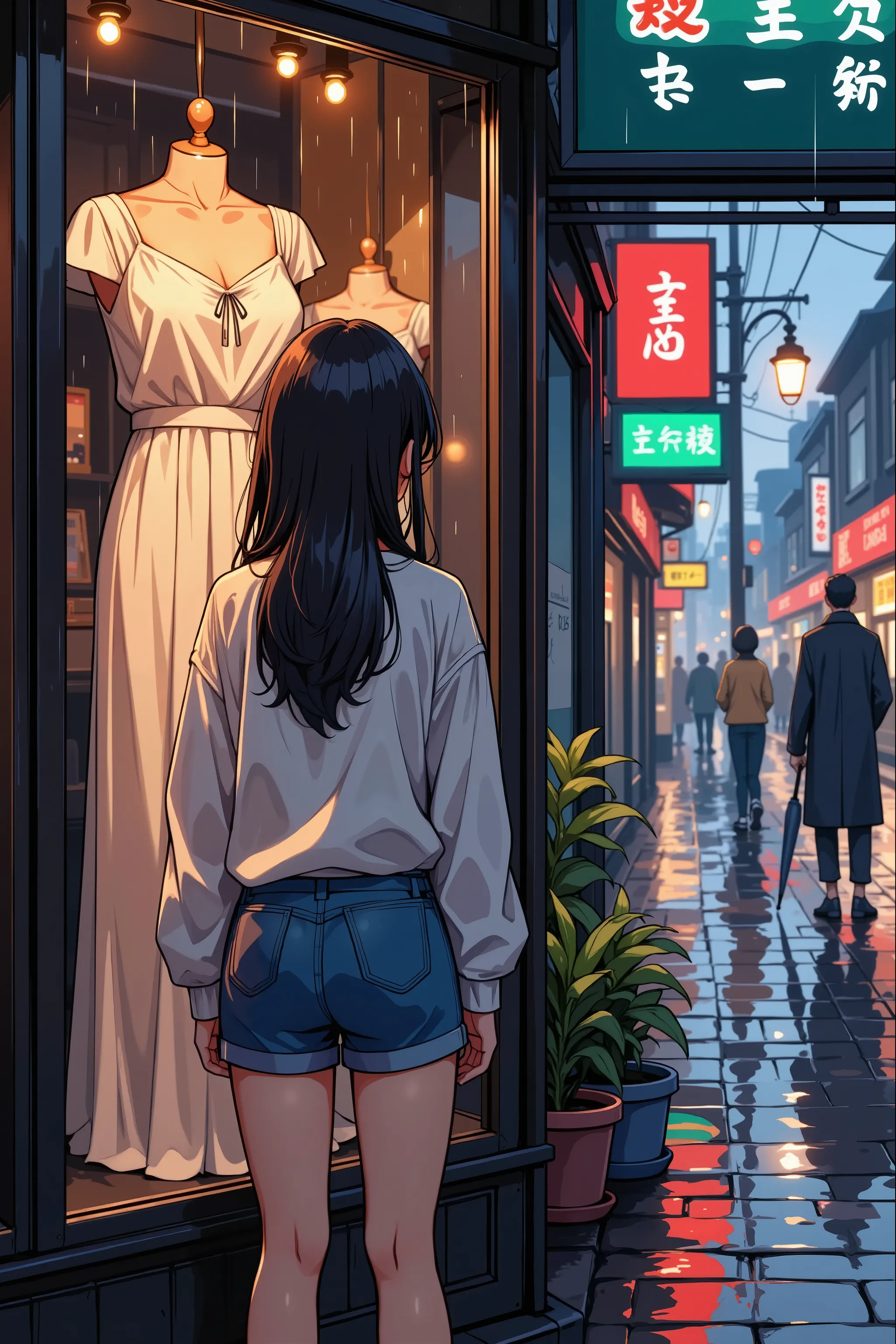 anime,ray,Back view of a woman reflected in a rain-soaked street corner window,Standing in front of a shop window decorated with a luxurious dress, woman with a melancholy expression ,Rain-soaked hair,Moist and damp clothes,Standing without an umbrella,Blu...