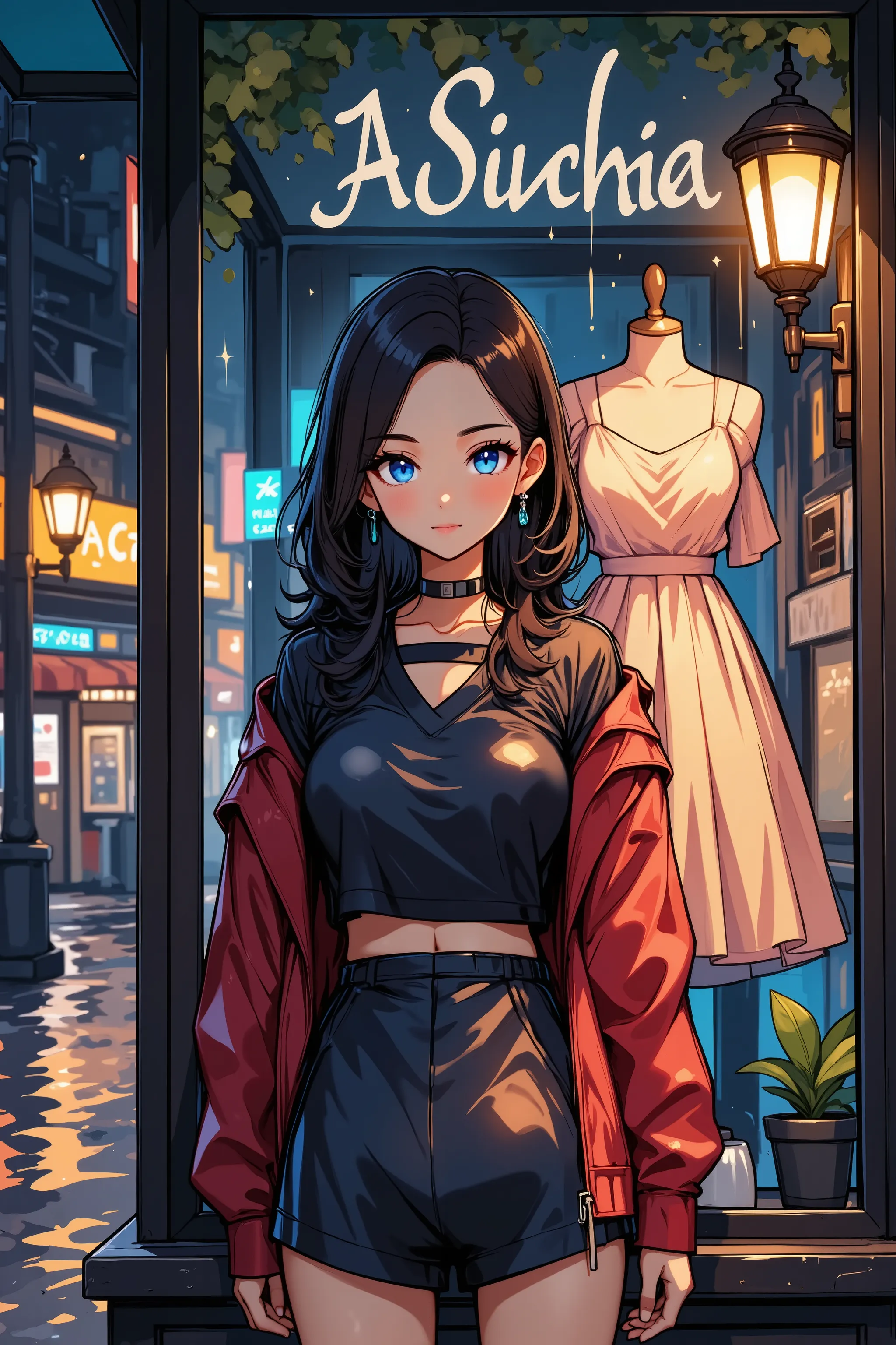 anime,ray,Back view of a woman reflected in a rain-soaked street corner window,Standing in front of a shop window decorated with a luxurious dress, woman with a melancholy expression ,Rain-soaked hair,Moist and damp clothes,Standing without an umbrella,Blu...
