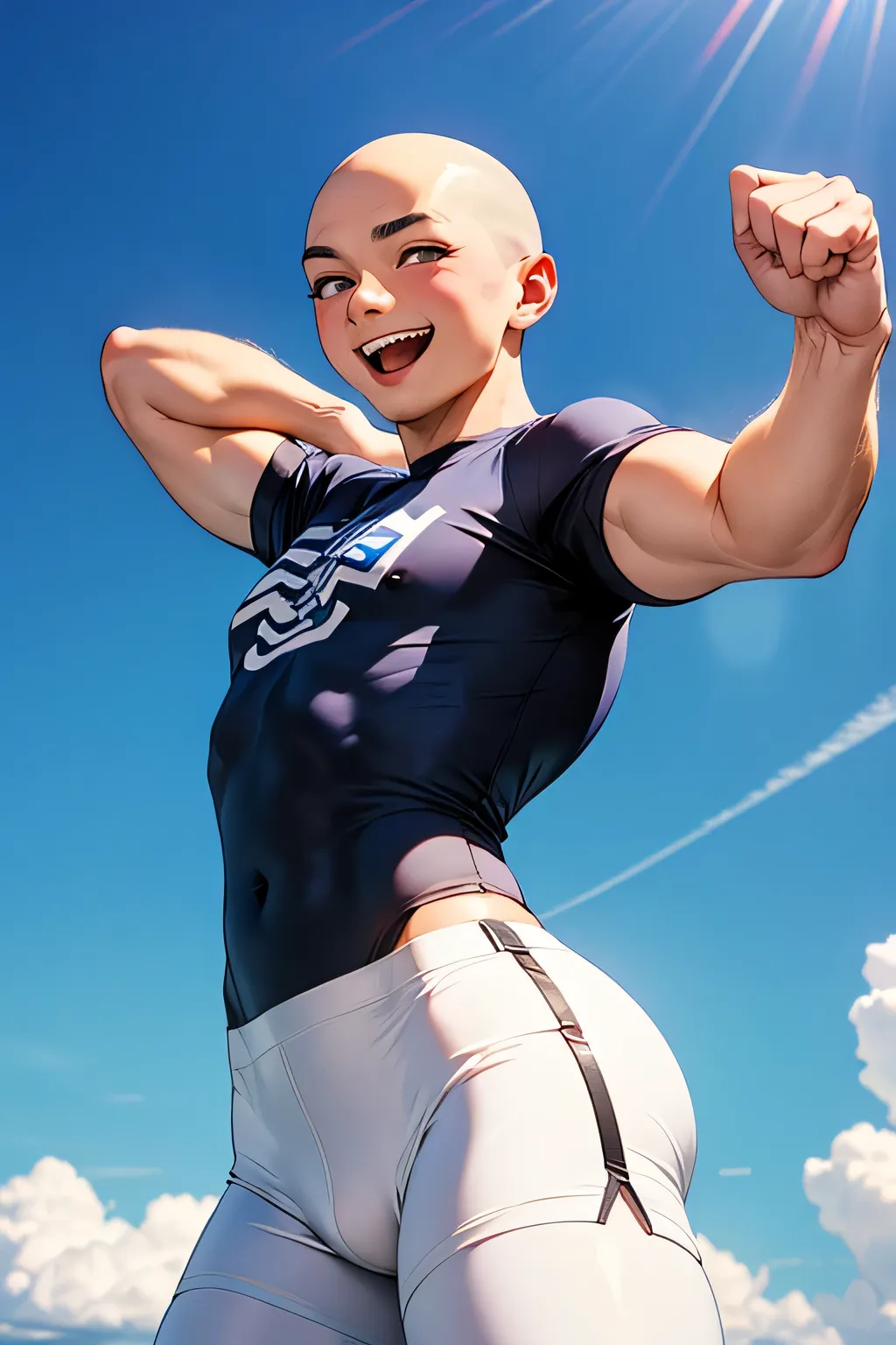 handsome　　Japanese　　short hair　skinhead　Blue Sky　　　　　　　white tight t-shirt　　solid white tight half spats　　　背景はBlue Skyのみ　　　　 White spats are exciting and full of excitement　Smile Yan　 male　　
