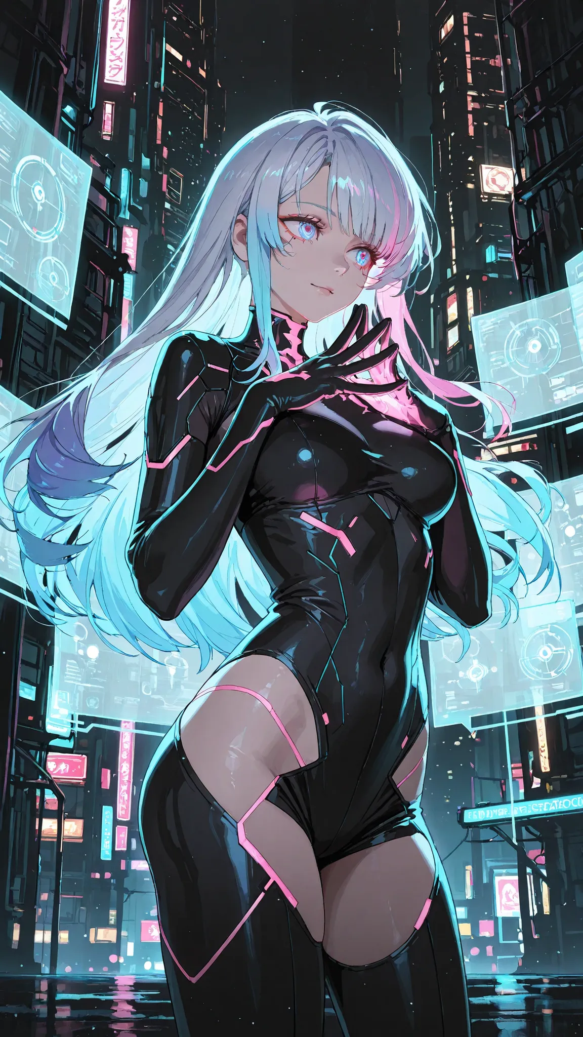 A cyberpunk female hacker sitting on the edge of a massive datatower in a futuristic digital city. She has long flowing hair with purple and neon-blue highlights. Her left eye is an augmented-reality implant glowing with a digital interface. She wears a bl...