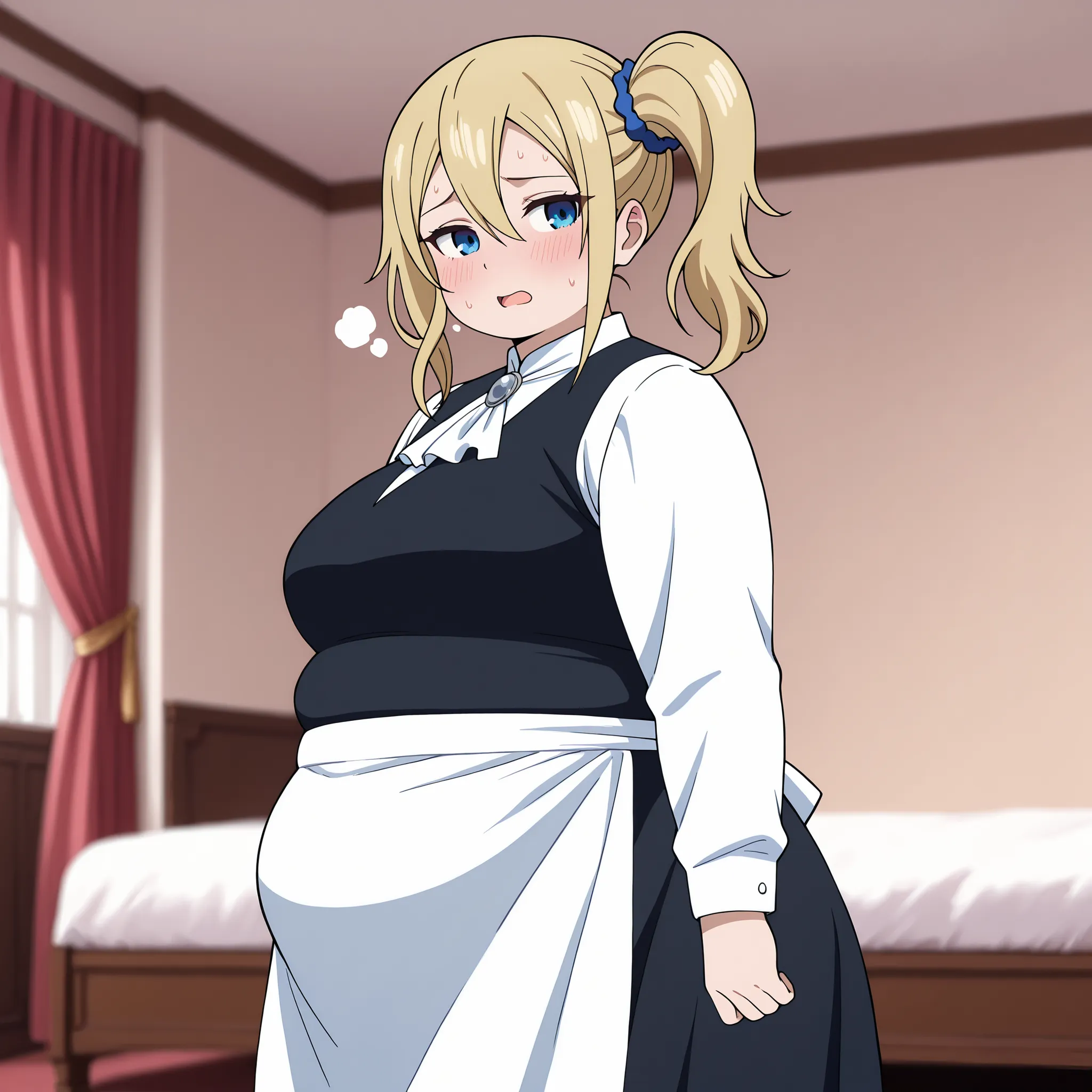 anime screencap, masterpiece, best quality,

1girl, solo, ,
side ponytail, hair between eyes, long hair, blonde hair, blue eyes, hair scrunchie, blue scrunchie,
grey brooch, white ascot, black vest, white shirt, long sleeves, waist apron, white apron,
long...