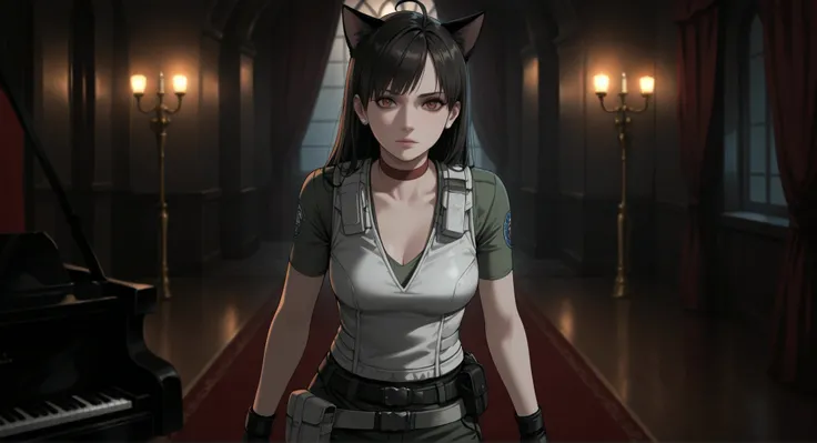 Rebecca Chambers from resident evil, masterpiece, best quality, 1girl, solo, rbchm, ((cat girl, cat black ears)), (red eyes), (long hair), (( black hair, (Ahoge), straight bangs,)), , with a black off-shoulder blouse,short black skirt,, stud earrings, red...