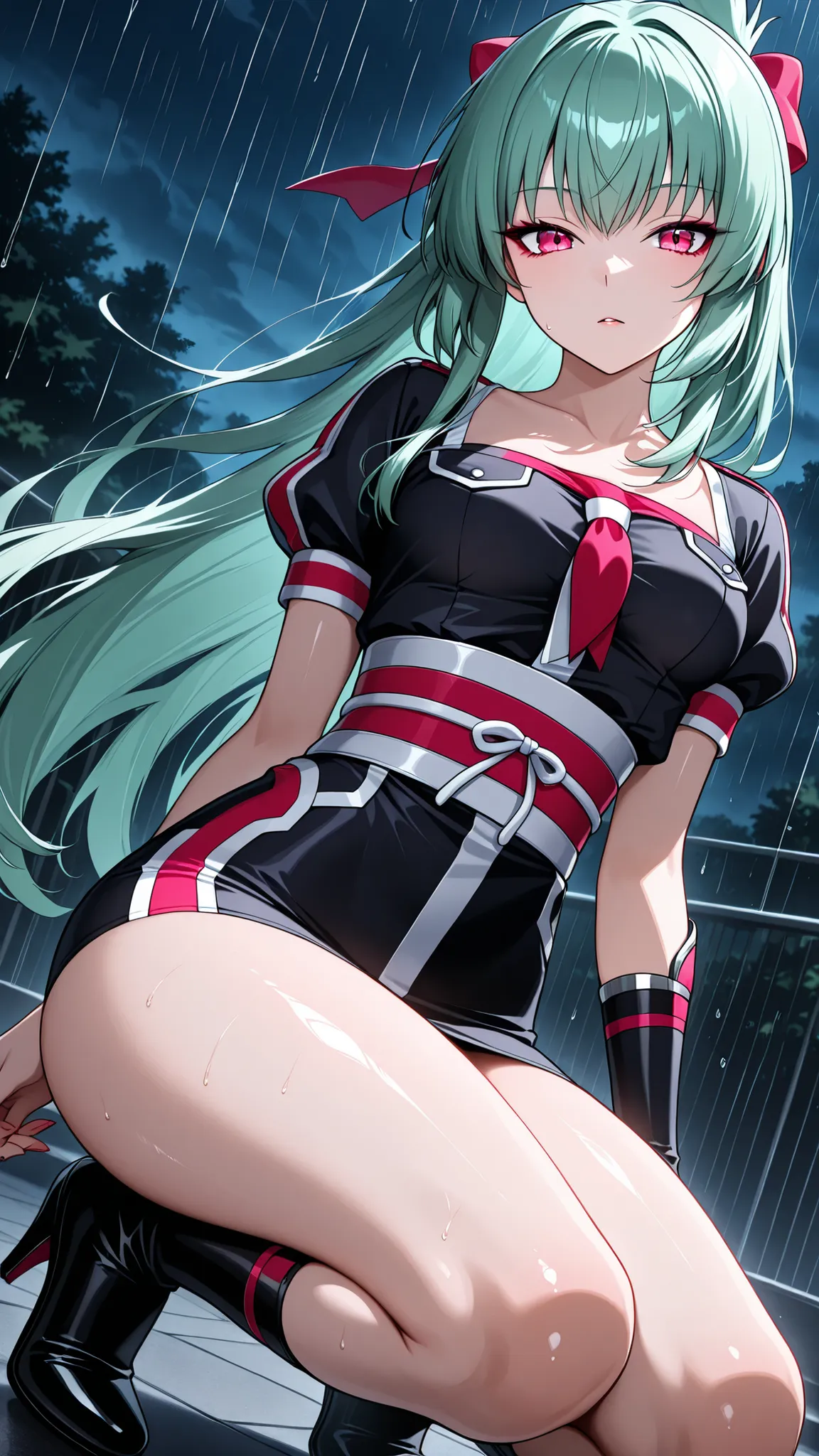 solo, kanzaki_saya,  mature woman, small breast, Tight waist、Small waist、shiny Skin , Encounter on a rainy night , She is crouching alone in a roofless ruin , look back with an emotionless expression , looking at viewer 