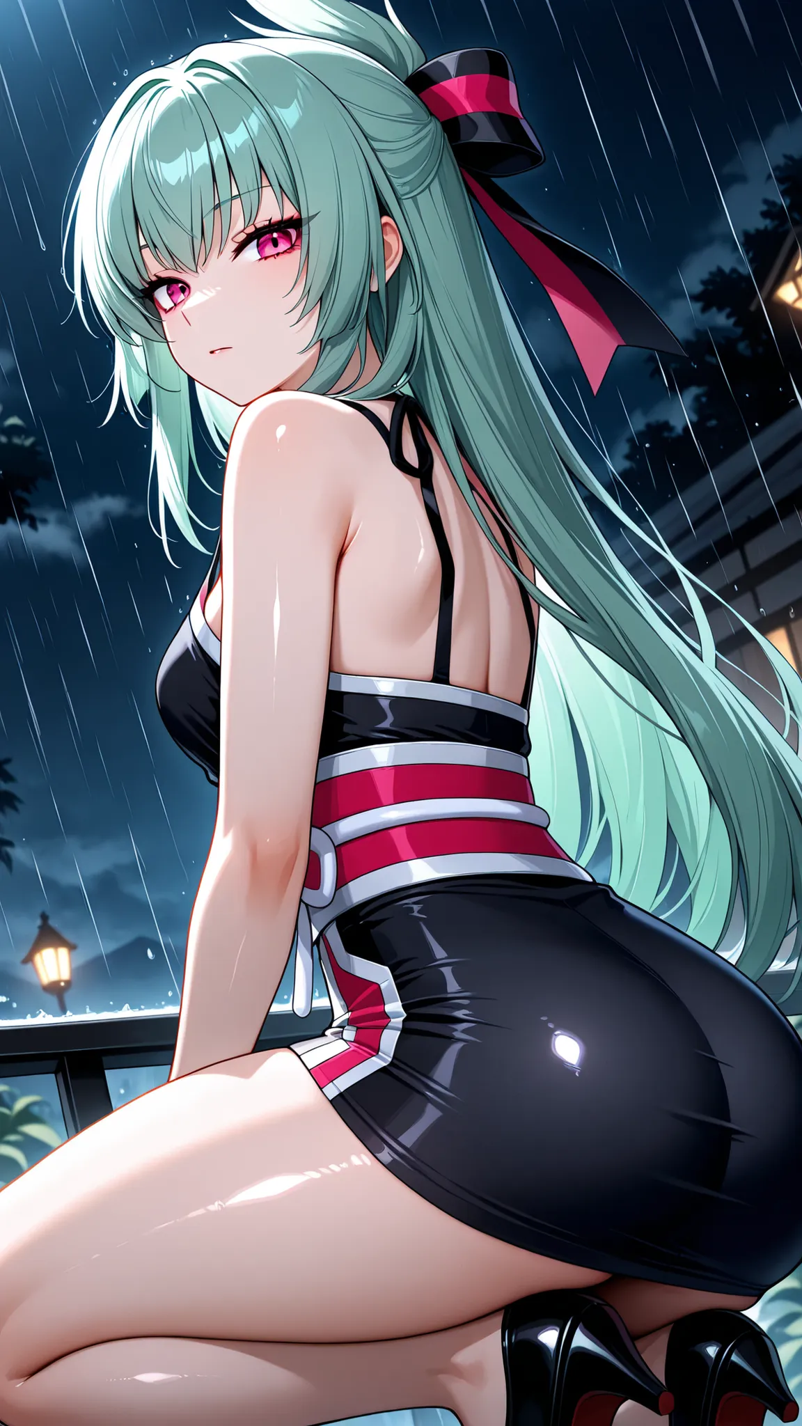 solo, kanzaki_saya,  mature woman, small breast, Tight waist、Small waist、shiny Skin , Encounter on a rainy night , She is crouching alone in a roofless ruin , look back with an emotionless expression , looking at viewer 
