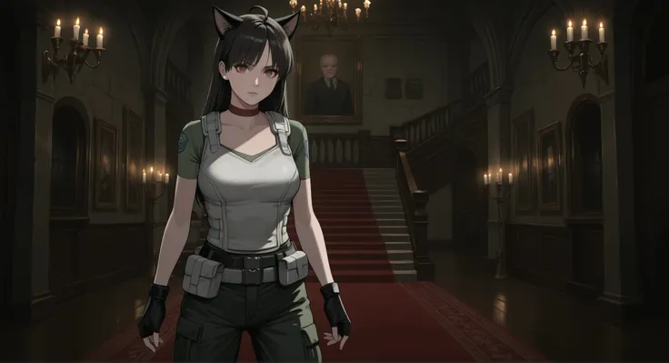 Rebecca Chambers from resident evil, masterpiece, best quality, 1girl, solo, rbchm, medium breasts,((cat girl, cat black ears)), (red eyes), (long hair), (( black hair, (Ahoge), straight bangs,)), , with a black off-shoulder blouse,short black skirt,, stu...