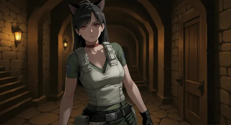 Rebecca Chambers from resident evil, masterpiece, best quality, 1girl, solo, rbchm, medium breasts,((cat girl, cat black ears)), (red eyes), (long hair), (( black hair, (Ahoge), straight bangs,)), , with a black off-shoulder blouse,short black skirt,, stu...