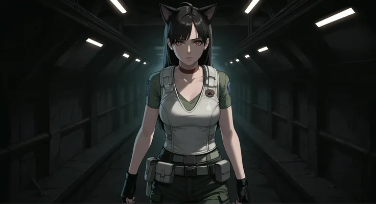 Rebecca Chambers from resident evil, masterpiece, best quality, 1girl, solo, rbchm, medium breasts,((cat girl, cat black ears)), (red eyes), (long hair), (( black hair, (Ahoge), straight bangs,)), , with a black off-shoulder blouse,short black skirt,, stu...