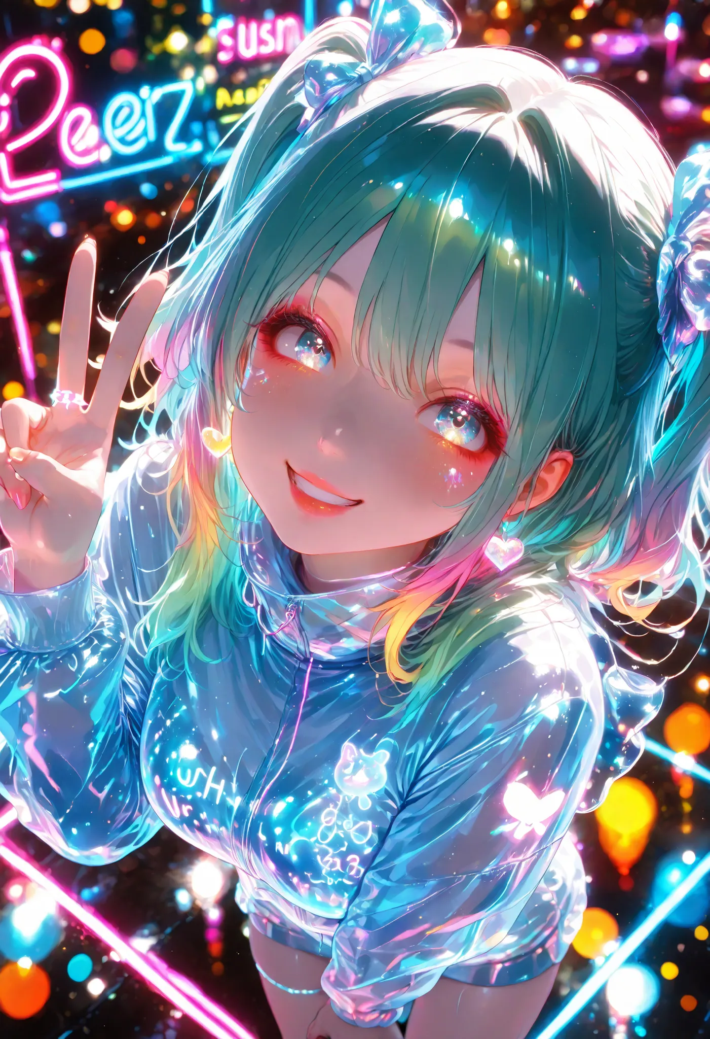 neon light border full of detail-filled shining woman illustration, ((V sign:1.4, from above:1.2)), Beautiful Woman Teleported by Psychedelic Chemical Reactions、Bar Wrapped in Neon Lights、Amazing Scenery High Resolution,4K,high quality,Extremely fine,Reali...