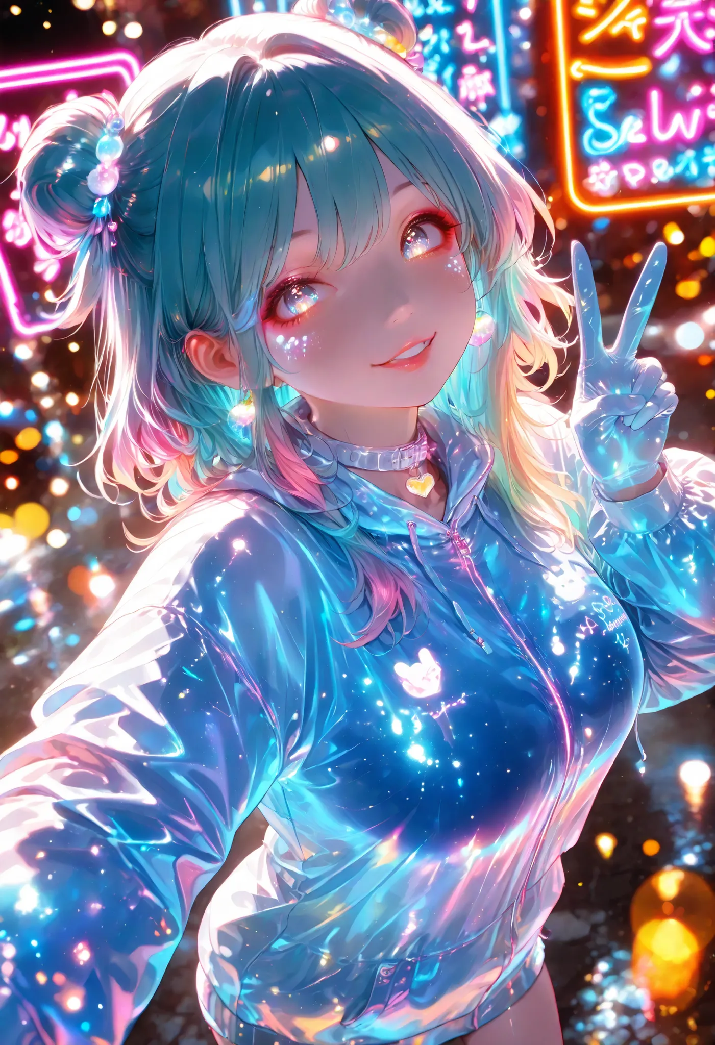 neon light border full of detail-filled shining woman illustration, ((V sign:1.4, from above:1.2)), Beautiful Woman Teleported by Psychedelic Chemical Reactions、Bar Wrapped in Neon Lights、Amazing Scenery High Resolution,4K,high quality,Extremely fine,Reali...