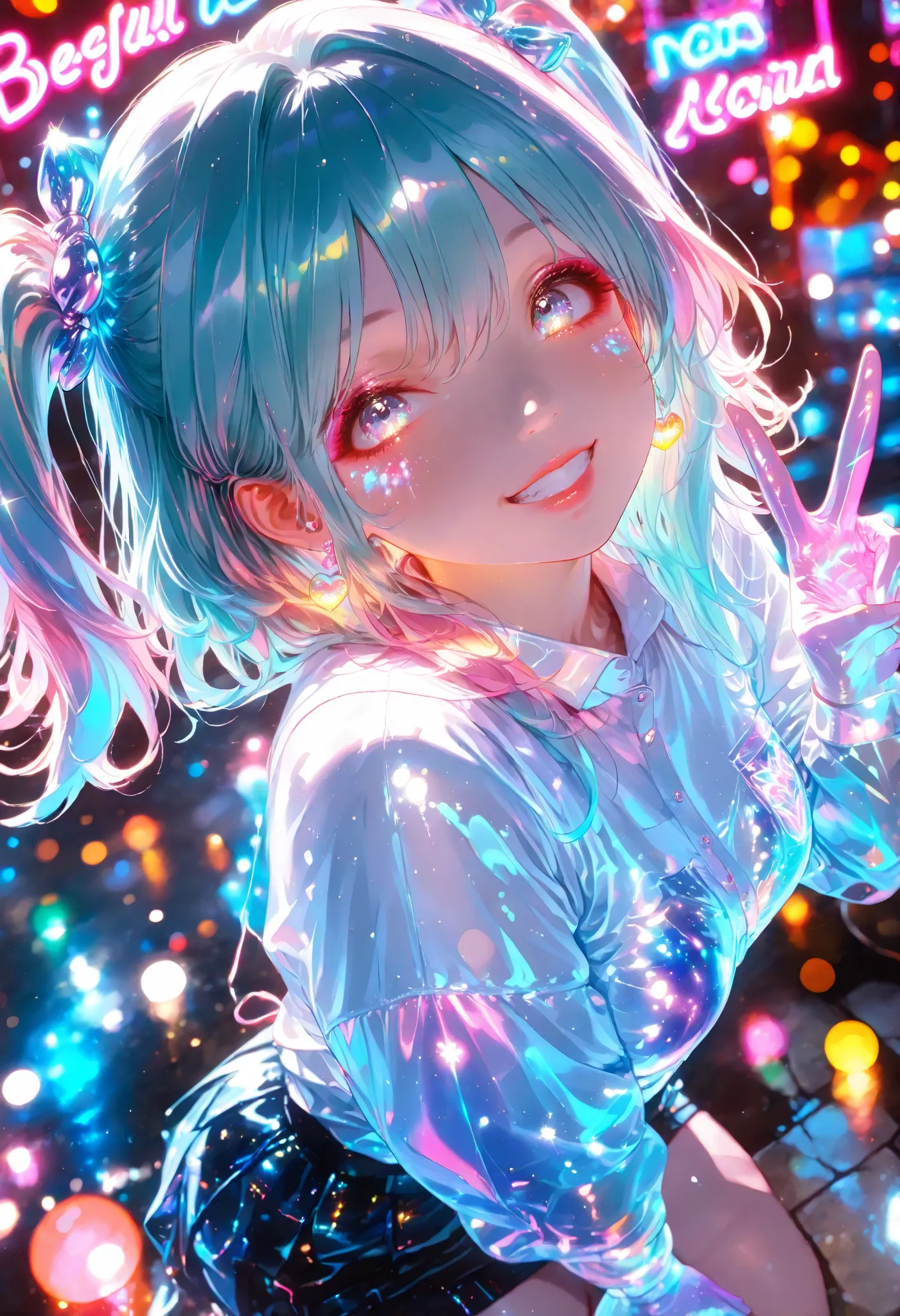 neon light border full of detail-filled shining woman illustration, ((V sign:1.4, from above:1.2)), Beautiful Woman Teleported by Psychedelic Chemical Reactions、Bar Wrapped in Neon Lights、Amazing Scenery High Resolution,4K,high quality,Extremely fine,Reali...