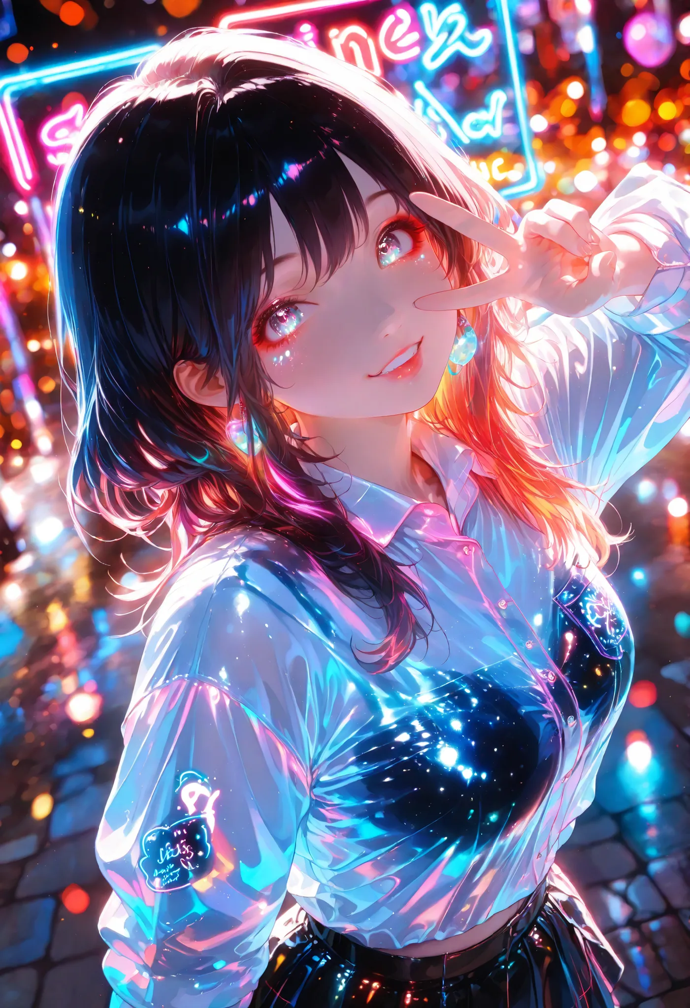 neon light border full of detail-filled shining woman illustration, ((V sign:1.4, from above:1.2)), Beautiful Woman Teleported by Psychedelic Chemical Reactions、Bar Wrapped in Neon Lights、Amazing Scenery High Resolution,4K,high quality,Extremely fine,Reali...