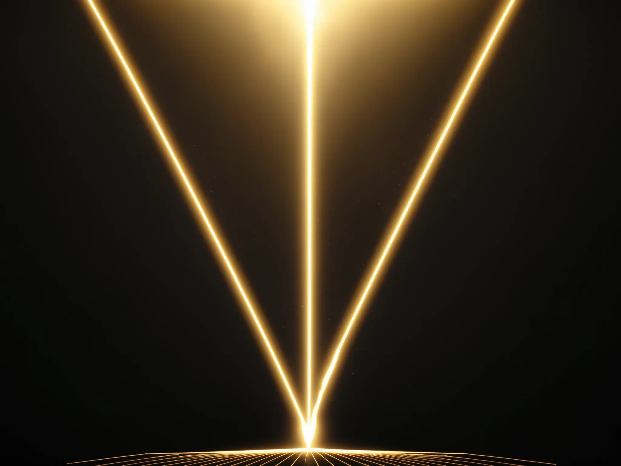 golden triangle again a black background and stage. golden laser beams. geometric . angel standing in the middle, holding a spear of lightning 