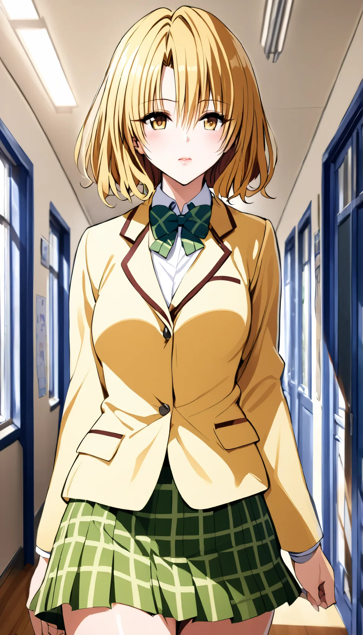 masterpiece, best quality, highres, 1girl, solo, blonde medium hair, brown eyes, , green bowtie, blazer, yellow jacket, long sleeves, plaid skirt, green skirt, walking in school, from front,closed mouth face, glossy lips ,cowboy shot