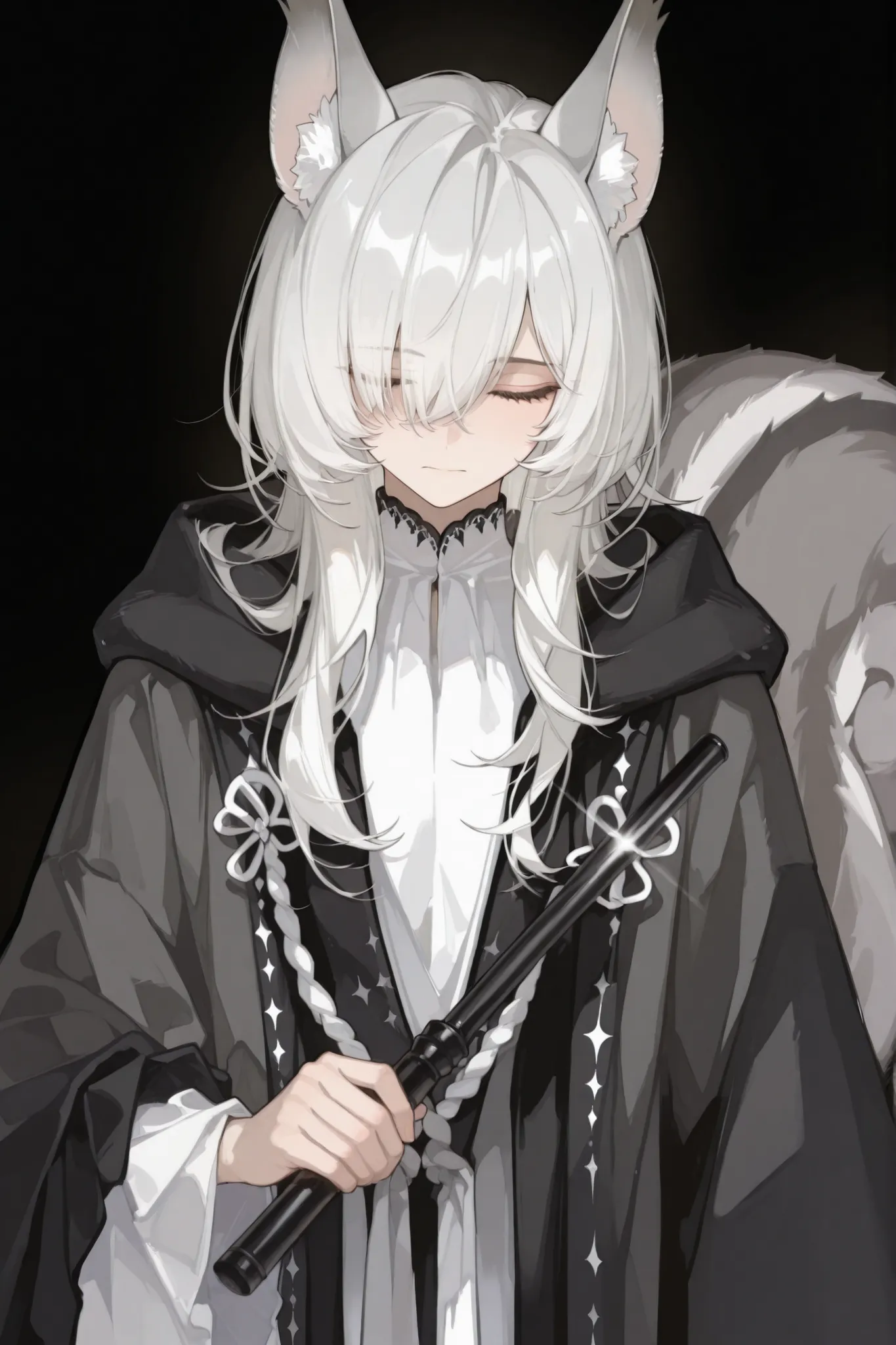 Male Shota,Smaller,15 year old grey squirrel ears,grey squirrel tail,Pure white medium length hair,black and white unadorned robe,pure white background,Holding a black baton,Close your eyes, no background