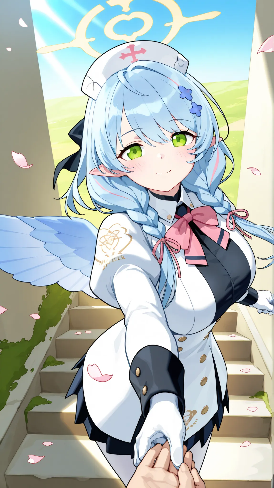 mine \(blue archive\), 1girl, solo, school uniform, pleated skirt, blazer, necktie, twin braids, light blue hair, green eyes, pink ribbon, hair ornament, black hair bow, white gloves, braid, nurse cap, halo, white headwear, wings,

mature face, bright and ...