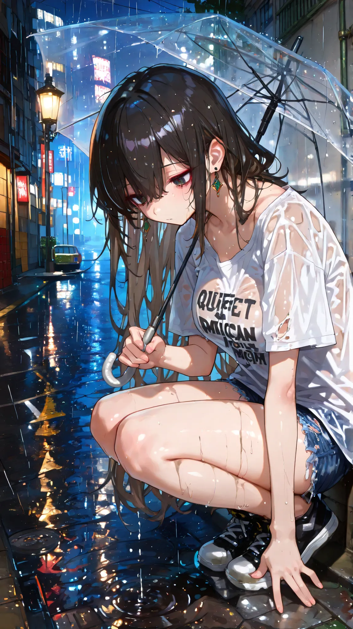 cute、sexy,748cm style,ruanyi0935,night,water坑,rain,water,(Masterpiece:1.2), (top quality), (Beautiful detailed eyes:1.2), ((1 beautiful woman)), (Highly detailed CG), (super detailed), (very detailed and beautiful:1.1), (Perfect Details:1.1), (amazing illu...