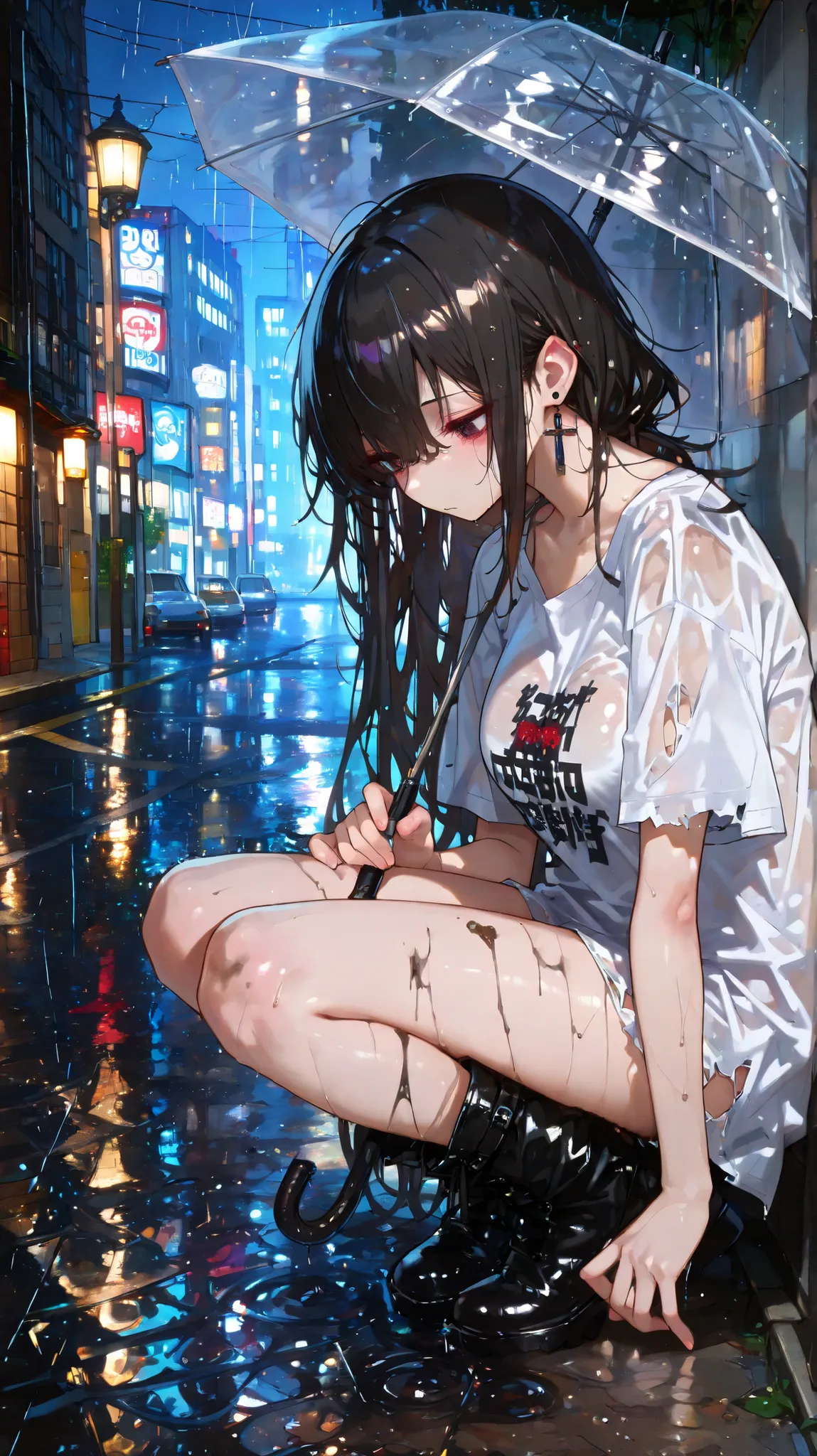 cute、sexy,748cm style,ruanyi0935,night,water坑,rain,water,(Masterpiece:1.2), (top quality), (Beautiful detailed eyes:1.2), ((1 beautiful woman)), (Highly detailed CG), (super detailed), (very detailed and beautiful:1.1), (Perfect Details:1.1), (amazing illu...