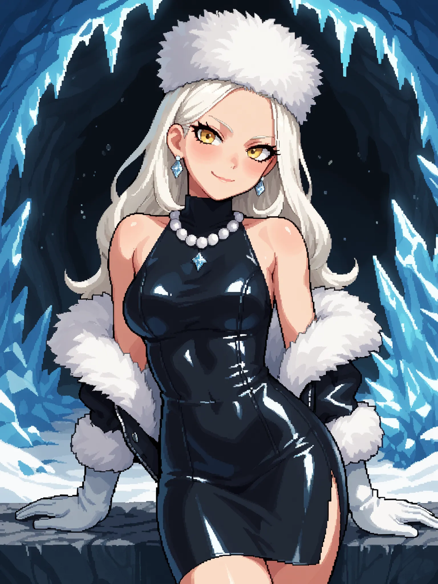 Score_9, score_8_up, score_7_up, source_anime, 1girl, solo, pixel art BREAK 

White hair, long hair, straight hair, forehead, yellow eyes, medium breasts BREAK  

edgwdc, winter clothes, gloves, hat, dress, bare shoulders, jewelry, earrings, white gloves, ...