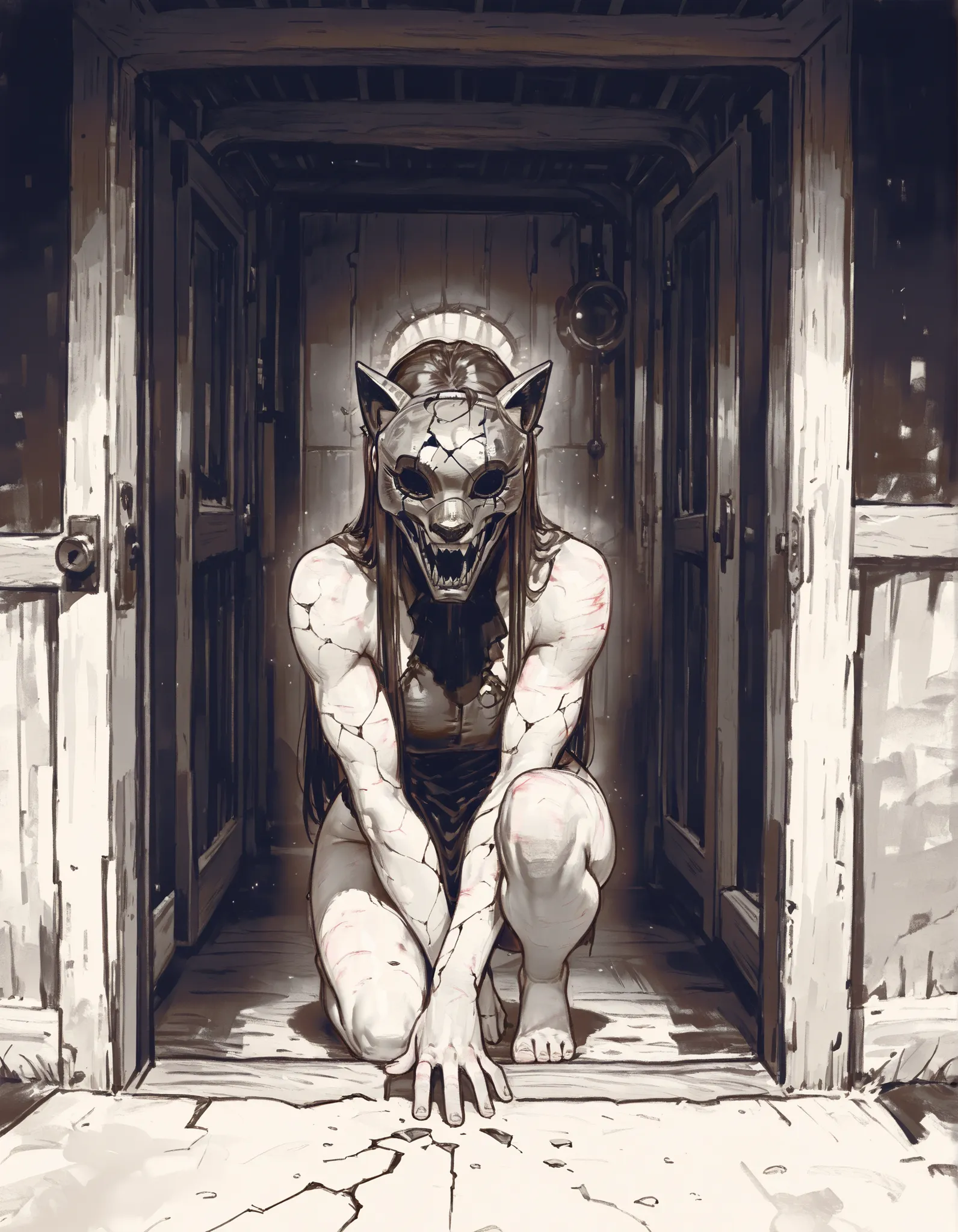 score_9, score_8_up, score_7_up, score_6_up, score_5_up, score_4_up, gr4ph1t3, simple drawing, monochrome, naked woman holding a (((cracked OPERA PHANTOM mask))), perfect banger body, in a empty cold (cabin) bedroom,, (UltraHD8K), (intricatedetails:1.1), m...