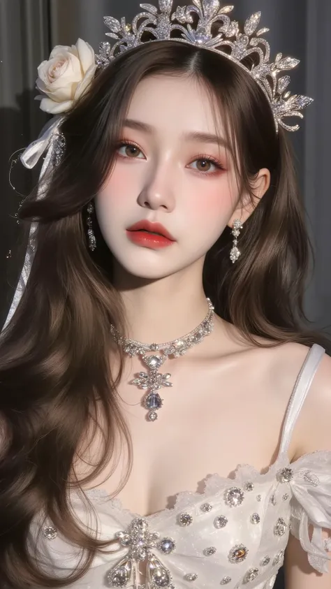 Dynamic portrait of A beautiful Slavic princess, fantasy beauty features, seductive look,, glowing eyes, wearing a rose tiara and jewels,covered in floral crystal jewels filigree, hyperdetailed,bold and majestic look