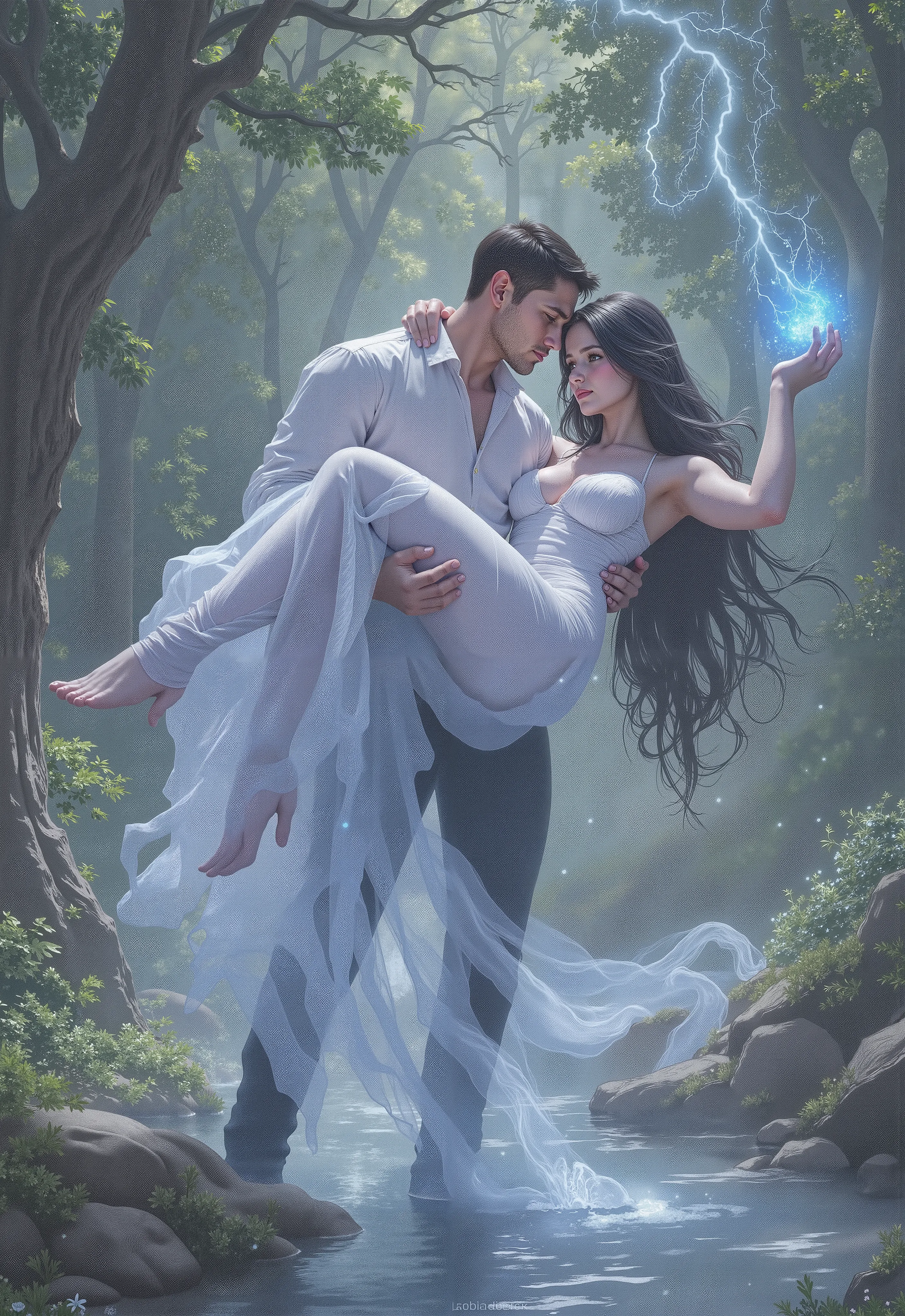 Image is a fantasy-style digital painting depicting a romantic scene in a mystical forest. The layout is vertical, focusing on a man and a woman in the center. The man, with light skin and dark hair, is wearing a white shirt and black pants, and is holding...