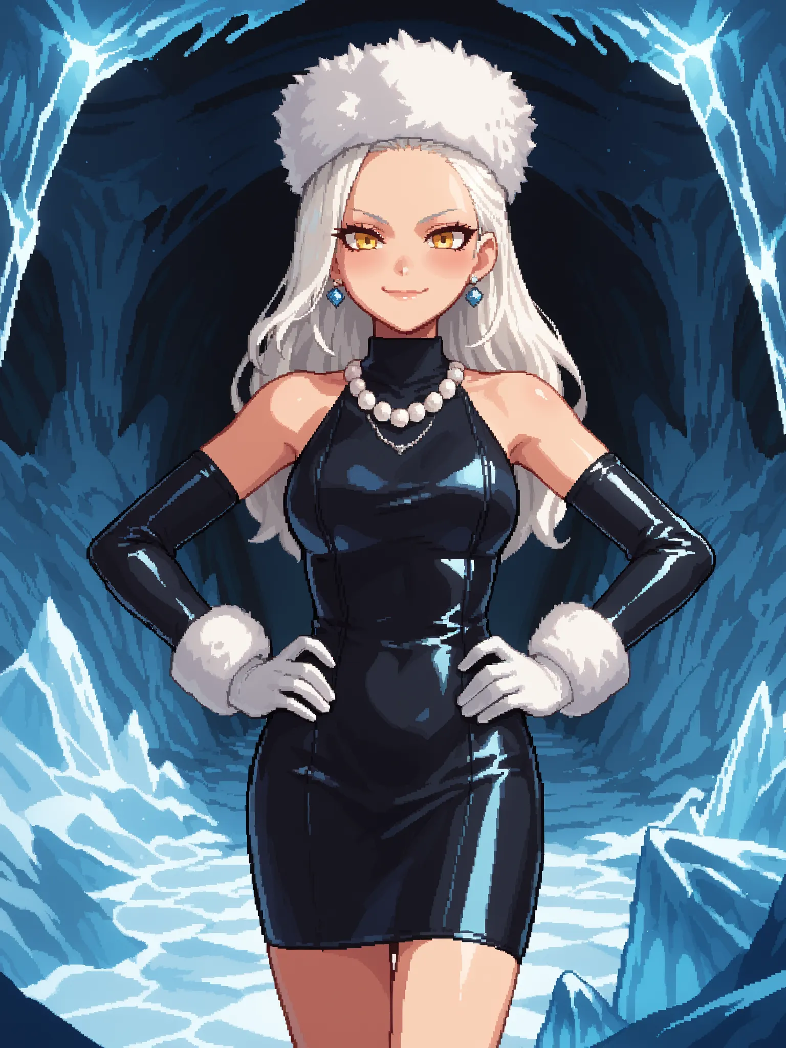 Score_9, score_8_up, score_7_up, source_anime, 1girl, solo, pixel art BREAK 

White hair, long hair, straight hair, forehead, yellow eyes, medium breasts BREAK  

edgwdc, winter clothes, gloves, hat, dress, bare shoulders, jewelry, earrings, white gloves, ...